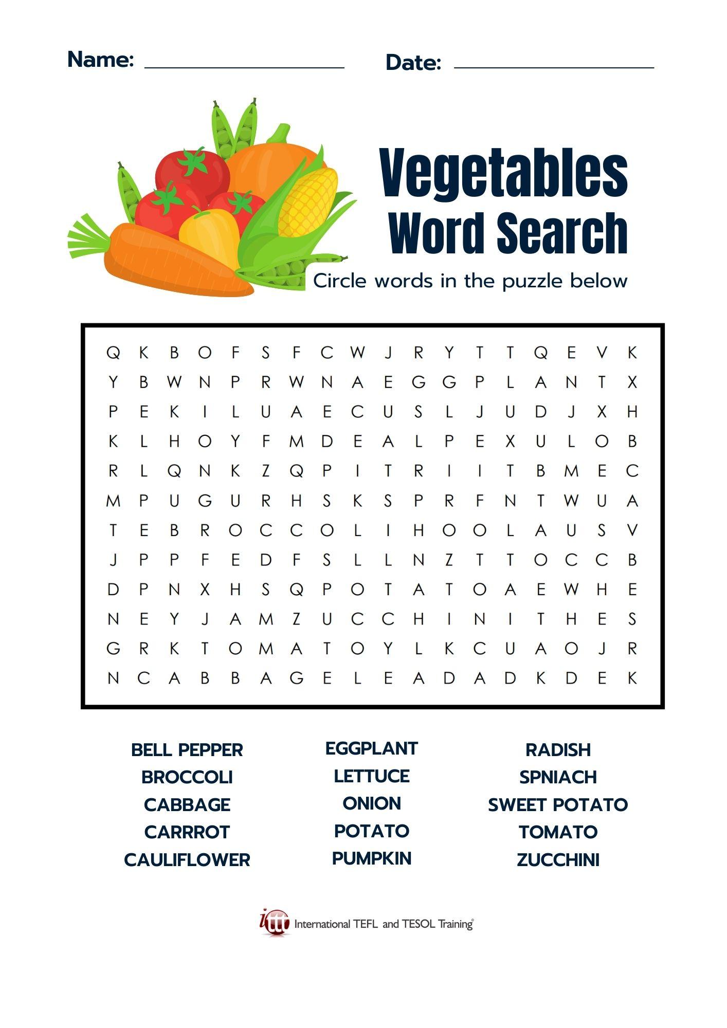 Grammar Corner Vegetables EFL Word Search