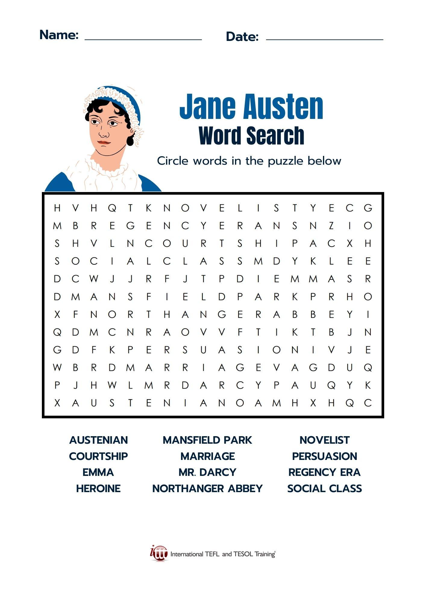 Grammar Corner Jane Austen Vocabulary EFL Word Search