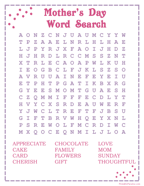 Grammar Corner Mother's Day Word Search Printable