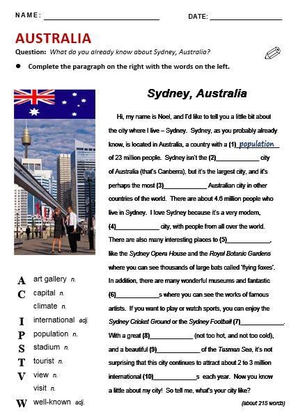 Grammar Corner What do you know about Sydney, Australia Worksheet