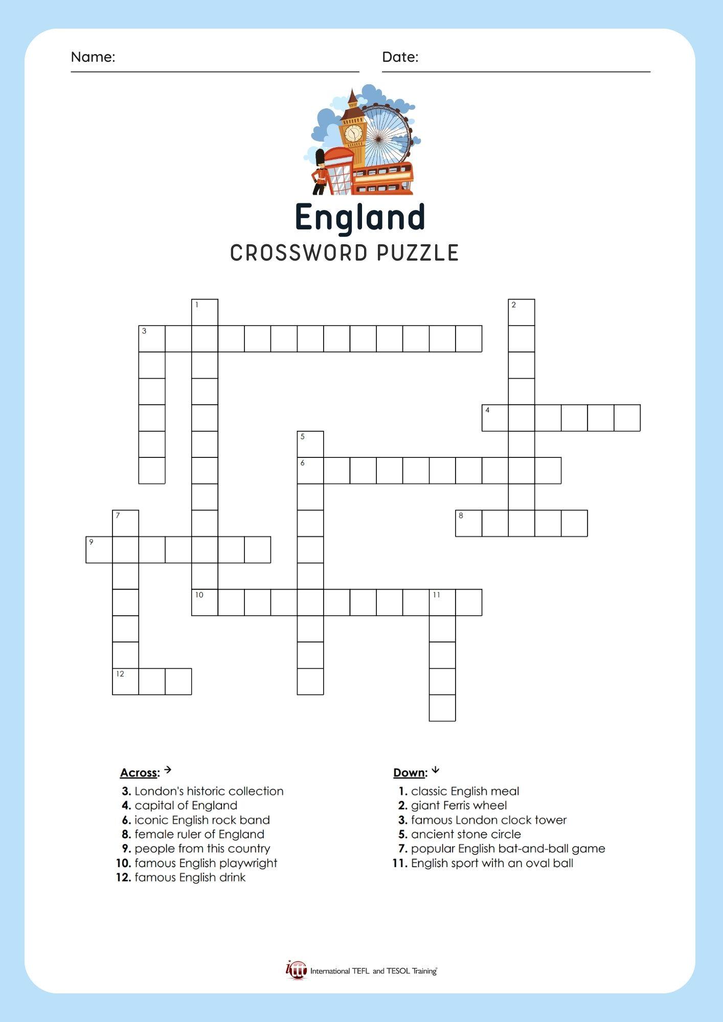 Grammar Corner EFL England Vocabulary Crossword Puzzle