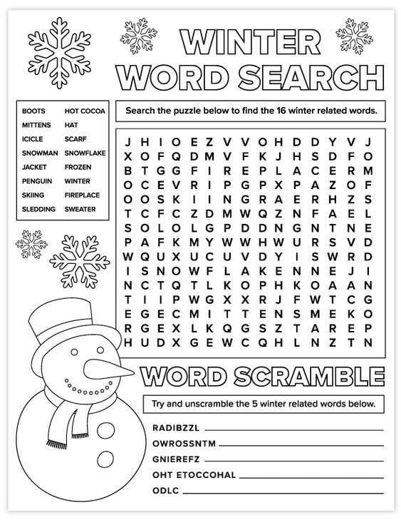 Grammar Corner FREE Printable Winter Word Search and Word Scramble