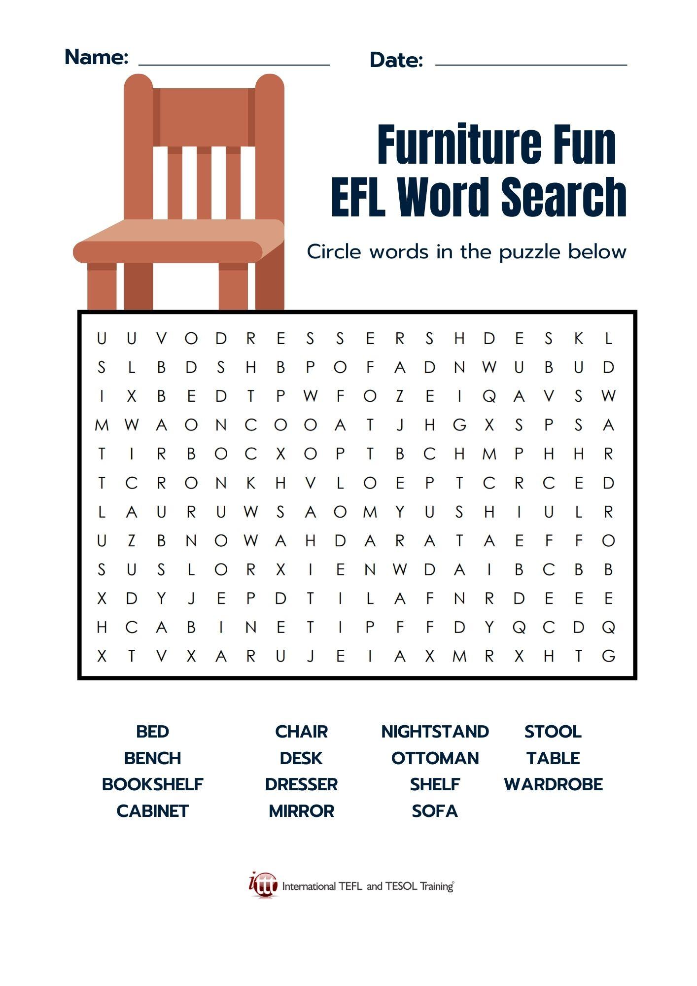 Grammar Corner EFL Furniture Word Search