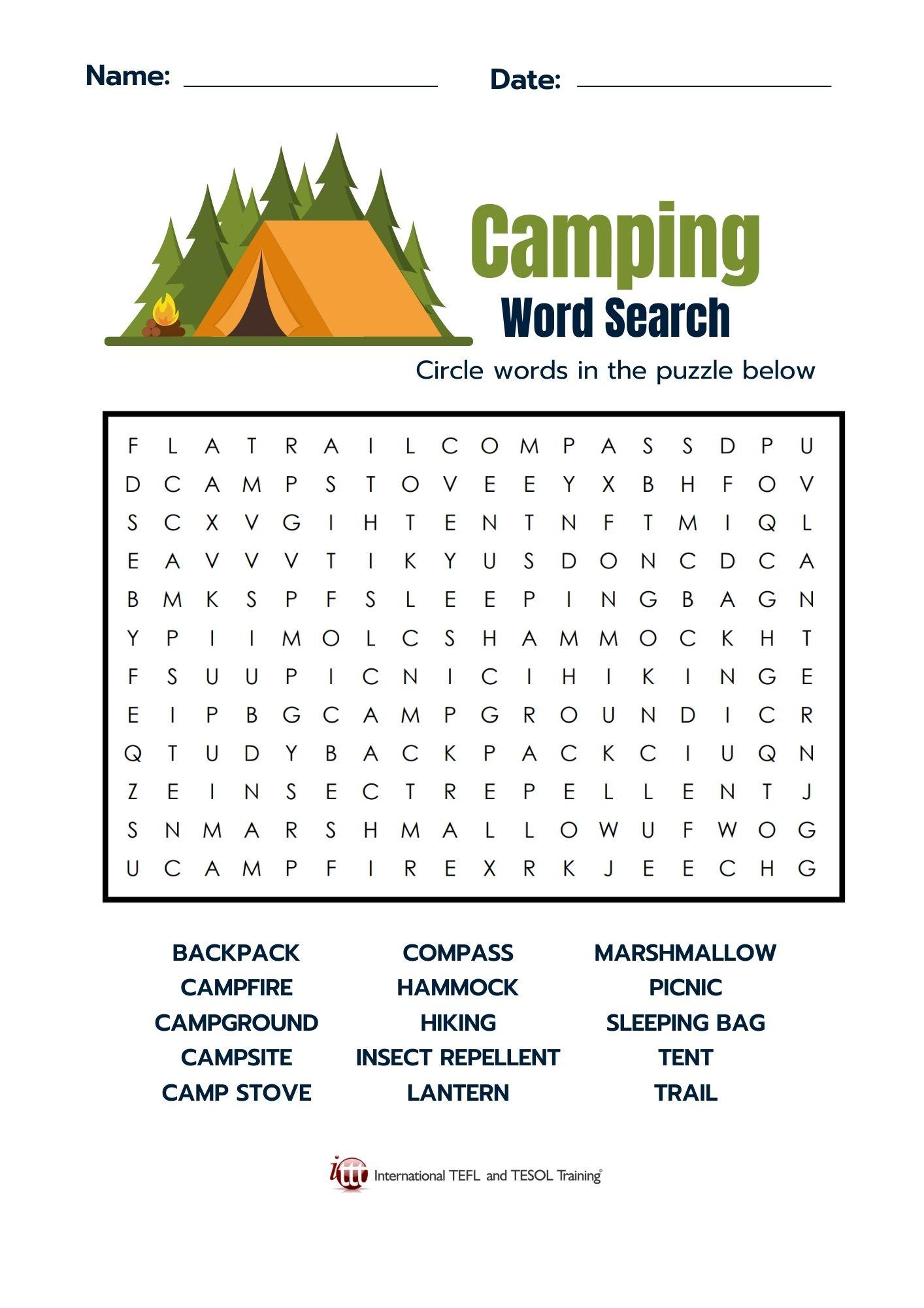 Grammar Corner Camping Vocabulary EFL Word Search