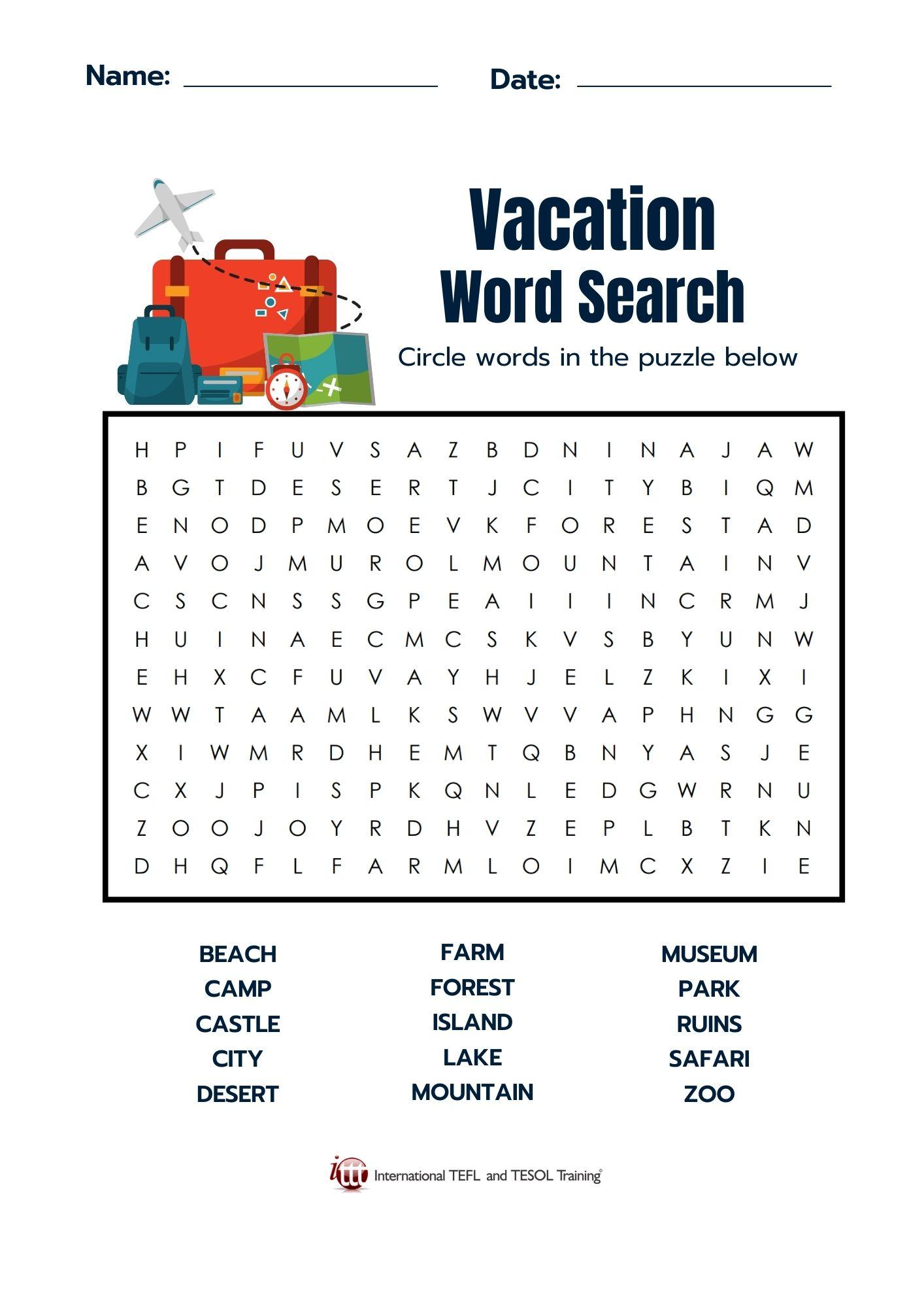 Grammar Corner Vacation EFL Word Search