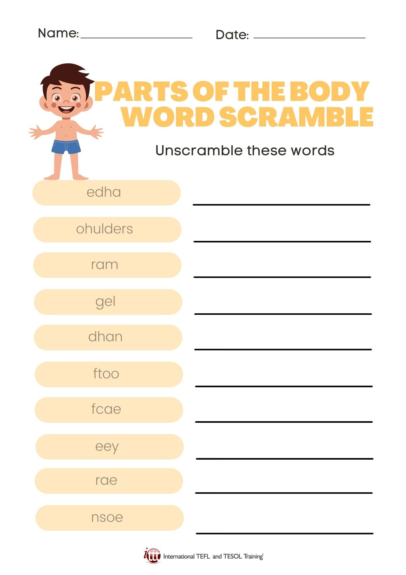 Grammar Corner Parts of the Body EFL Word Scramble