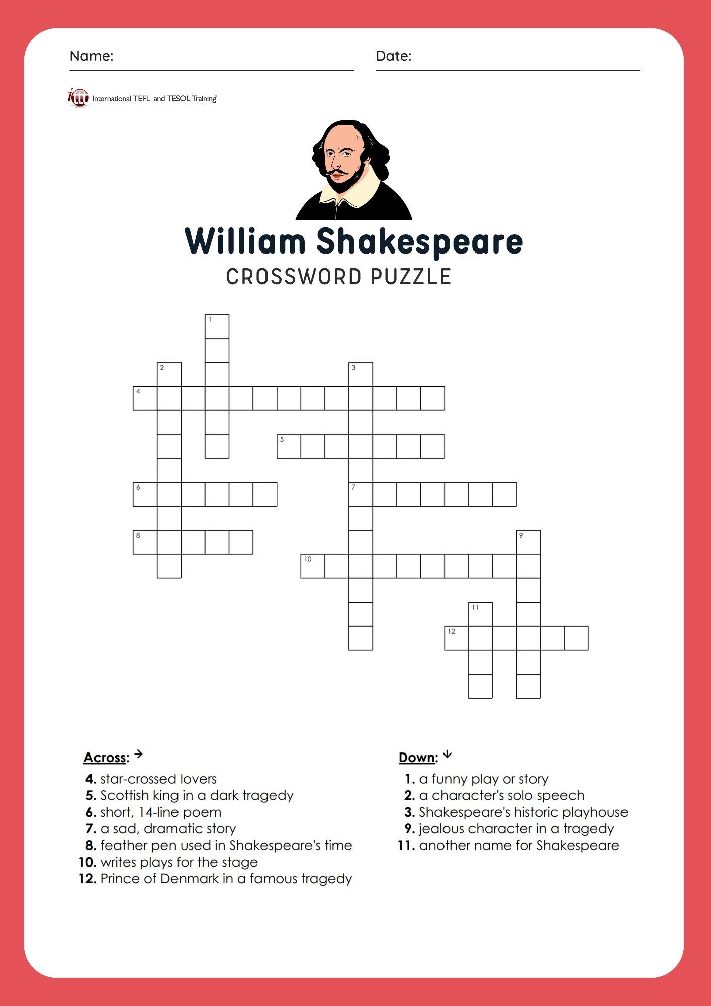 Grammar Corner EFL William Shakespeare Vocabulary Crossword Puzzle