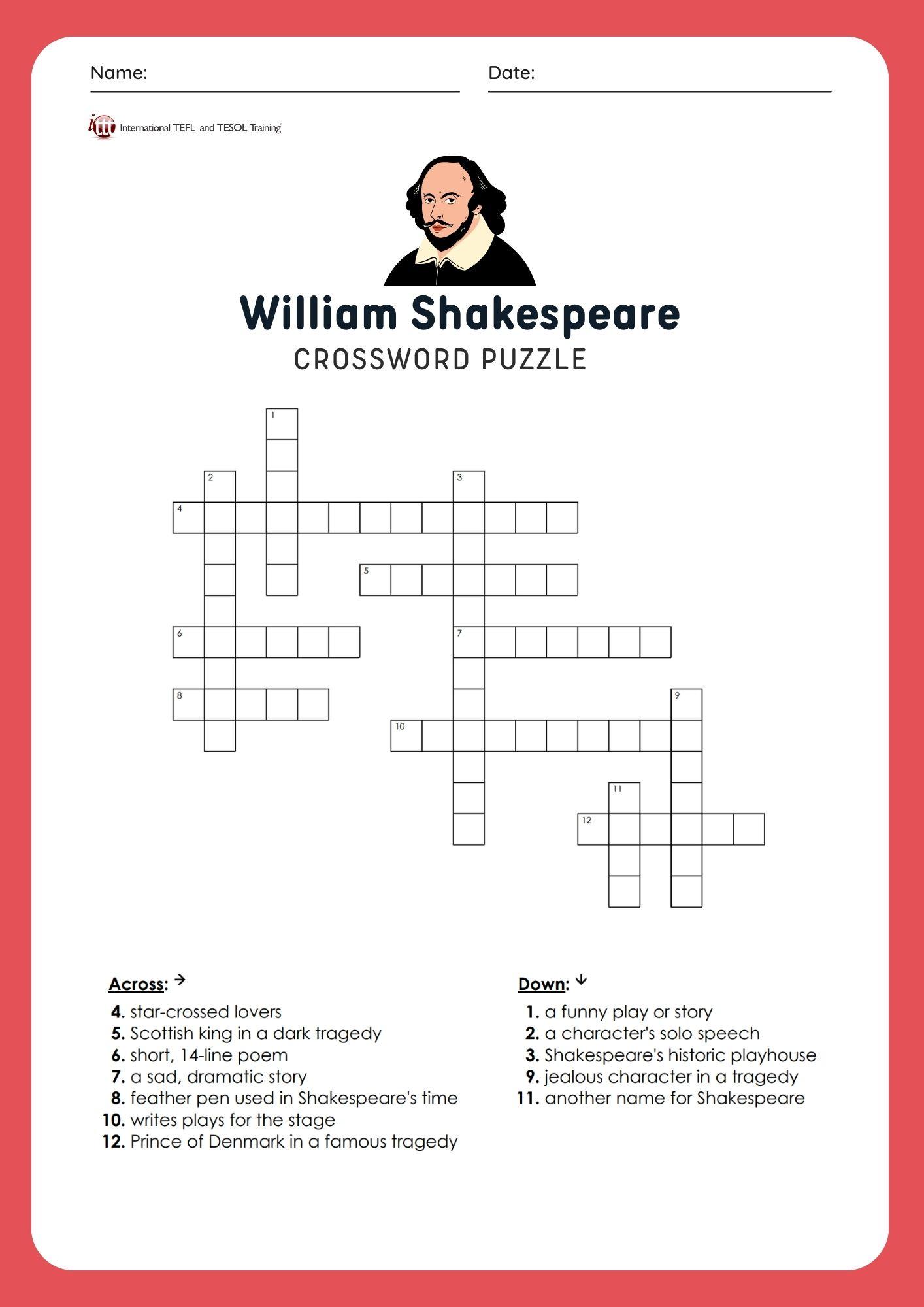 Grammar corner EFL William Shakespeare Vocabulary Crossword Puzzle Grammar Corner EFL William Shakespeare Vocabulary Crossword Puzzle