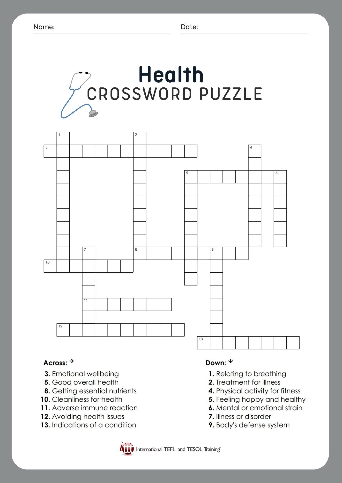 Grammar Corner Health EFL Crossword Puzzle