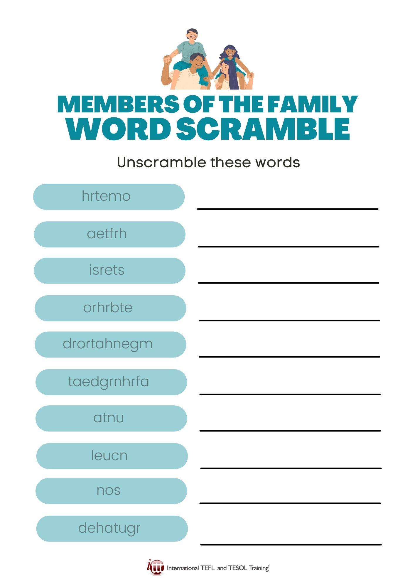 Grammar Corner Members of the Family EFL Word Scramble