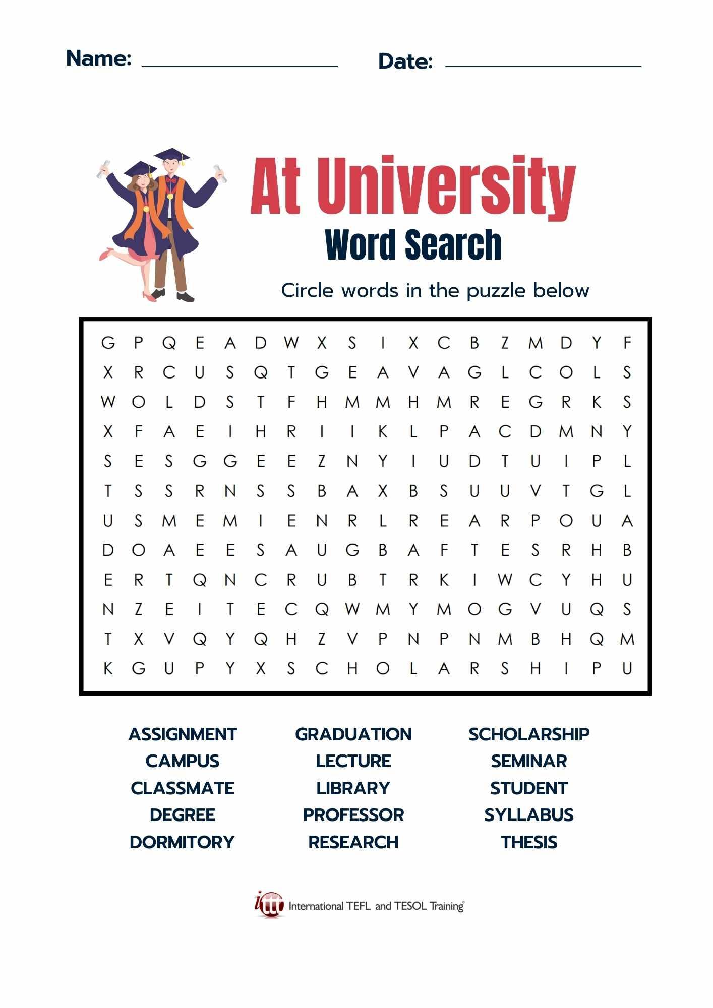 Grammar Corner University Vocabulary EFL Word Search