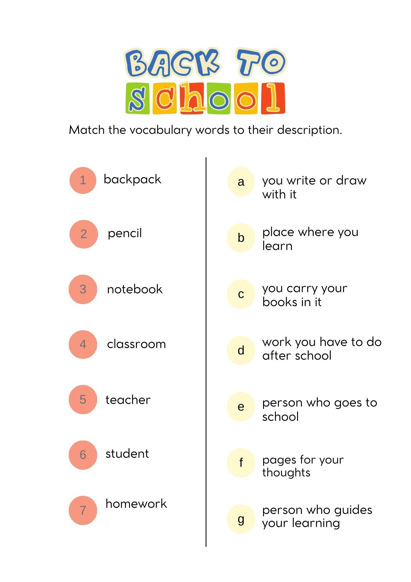 Grammar Corner EFL Back To School Word Match