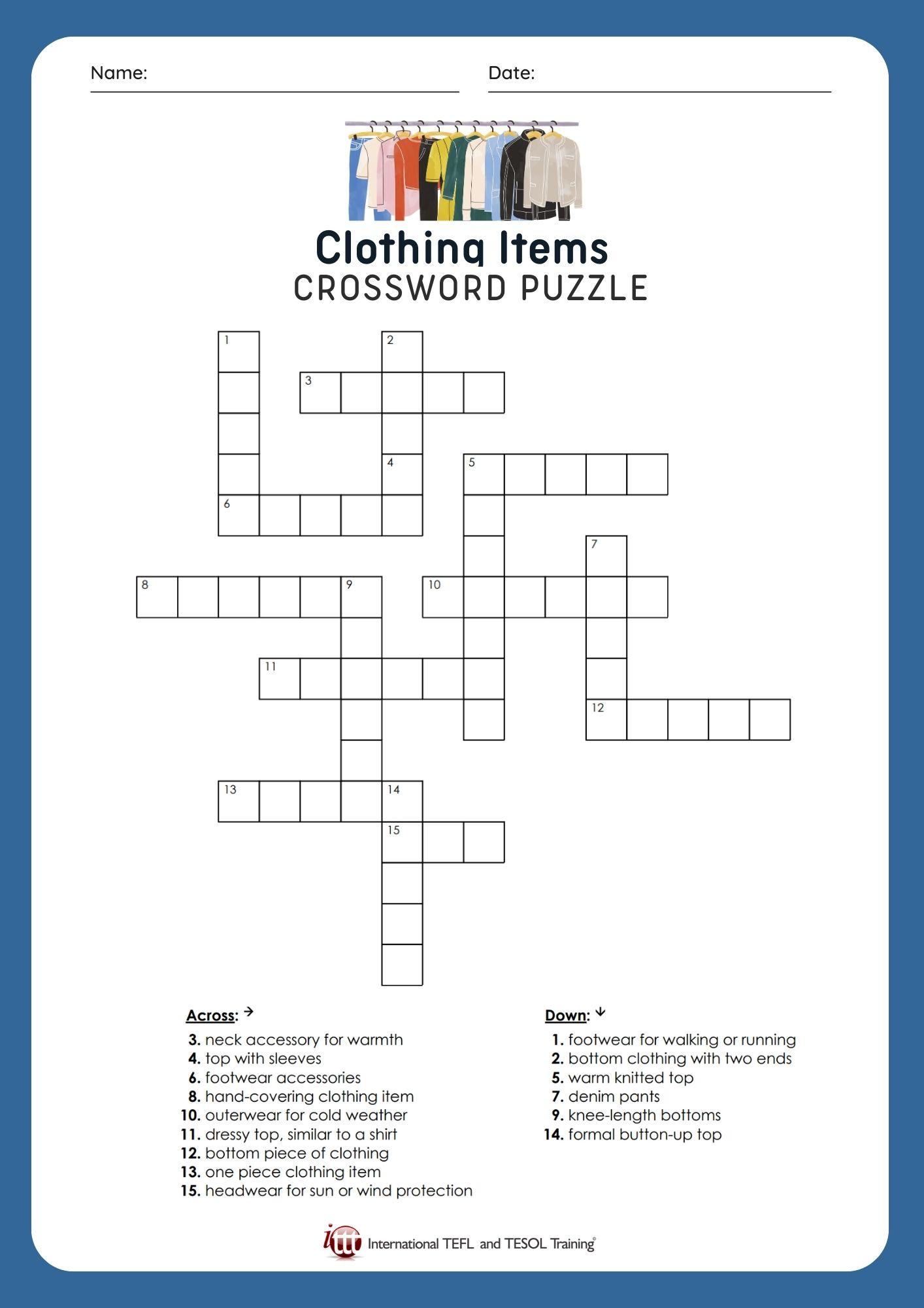 Grammar Corner EFL Clothing Items Crossword Puzzle