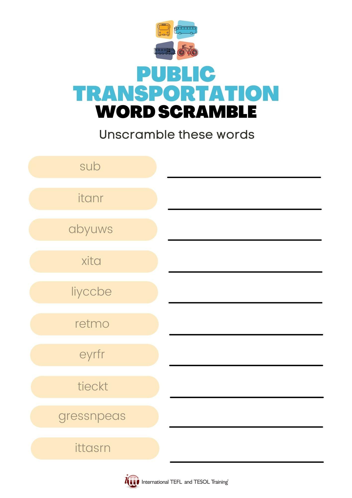 Grammar Corner Public Transportation Vocabulary EFL Word Scramble