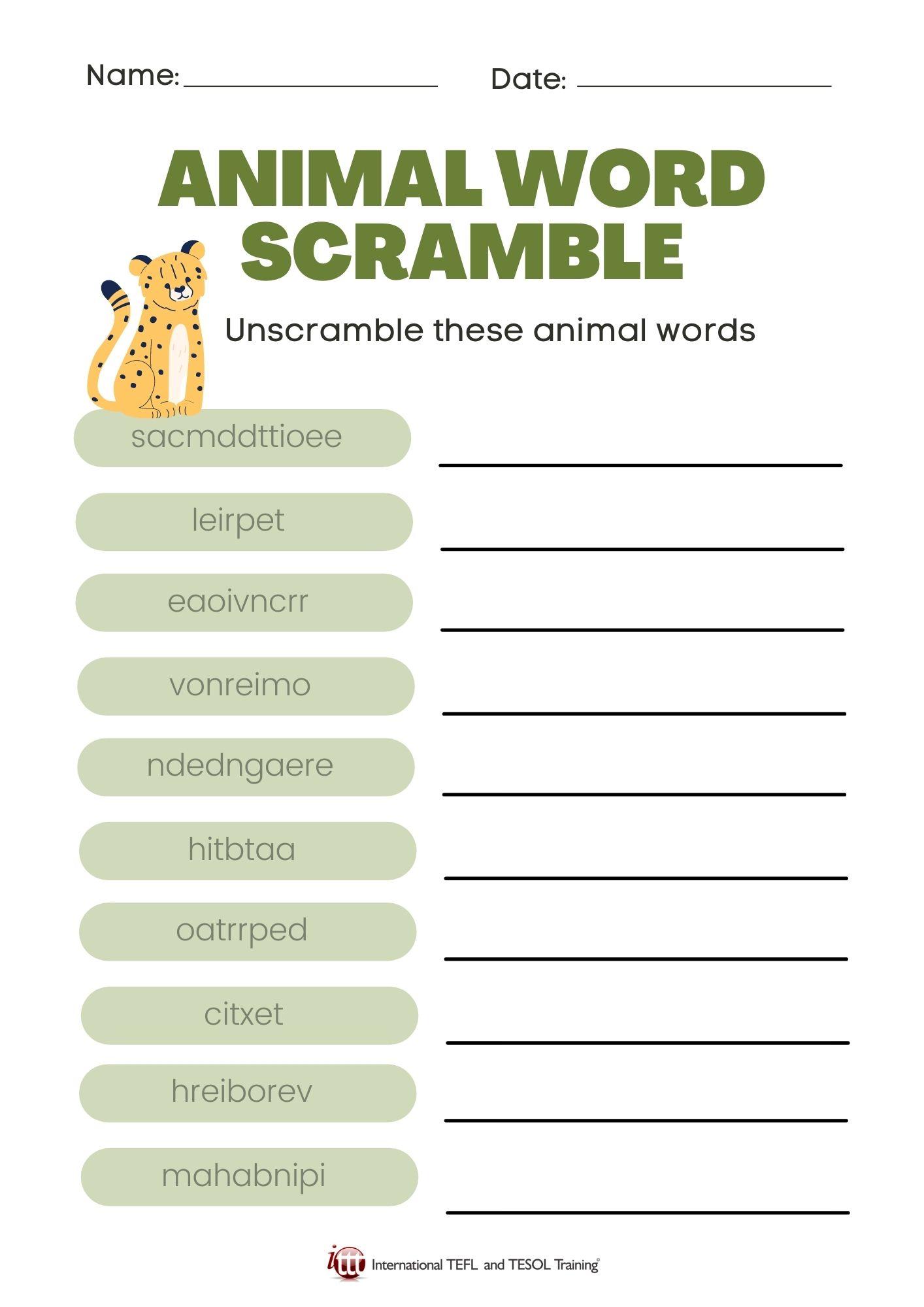 Grammar Corner EFL Animal Word Scramble