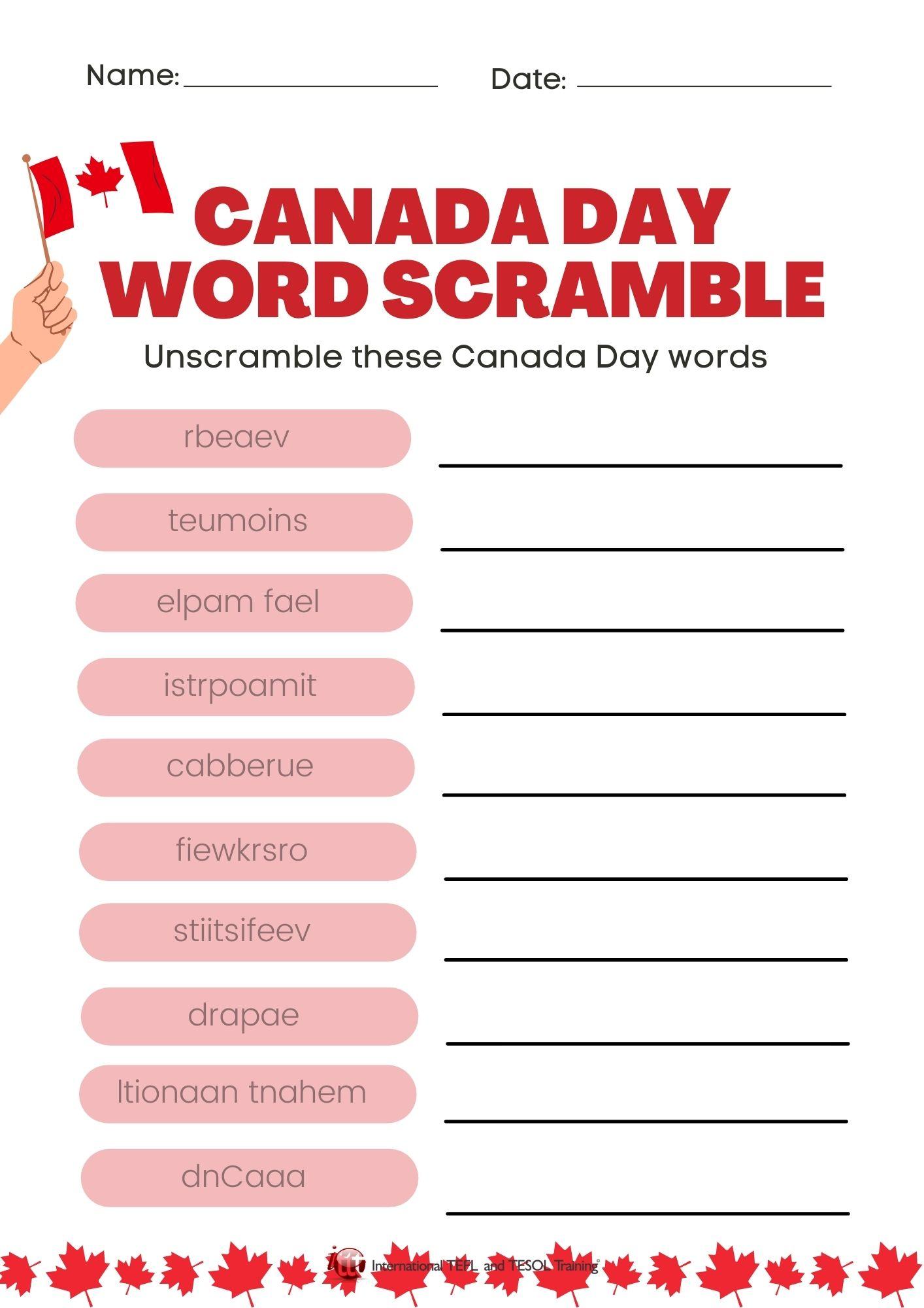 Grammar Corner Canada Day Word Scramble