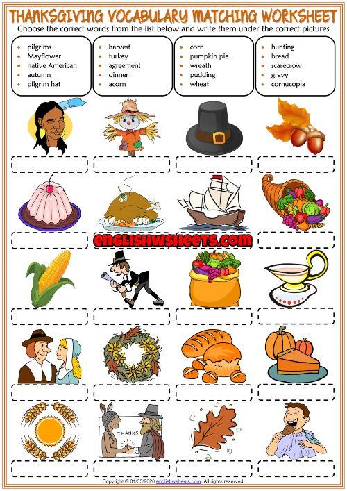 Grammar Corner Thanksgiving ESL Vocabulary Matching Exercise Worksheet