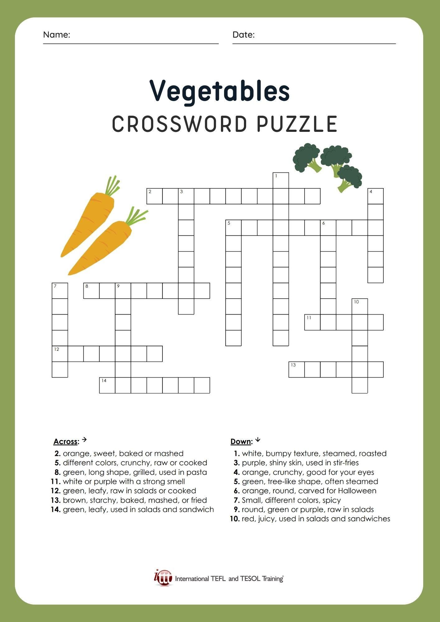 Grammar Corner Vegetable EFL Crossword Puzzle