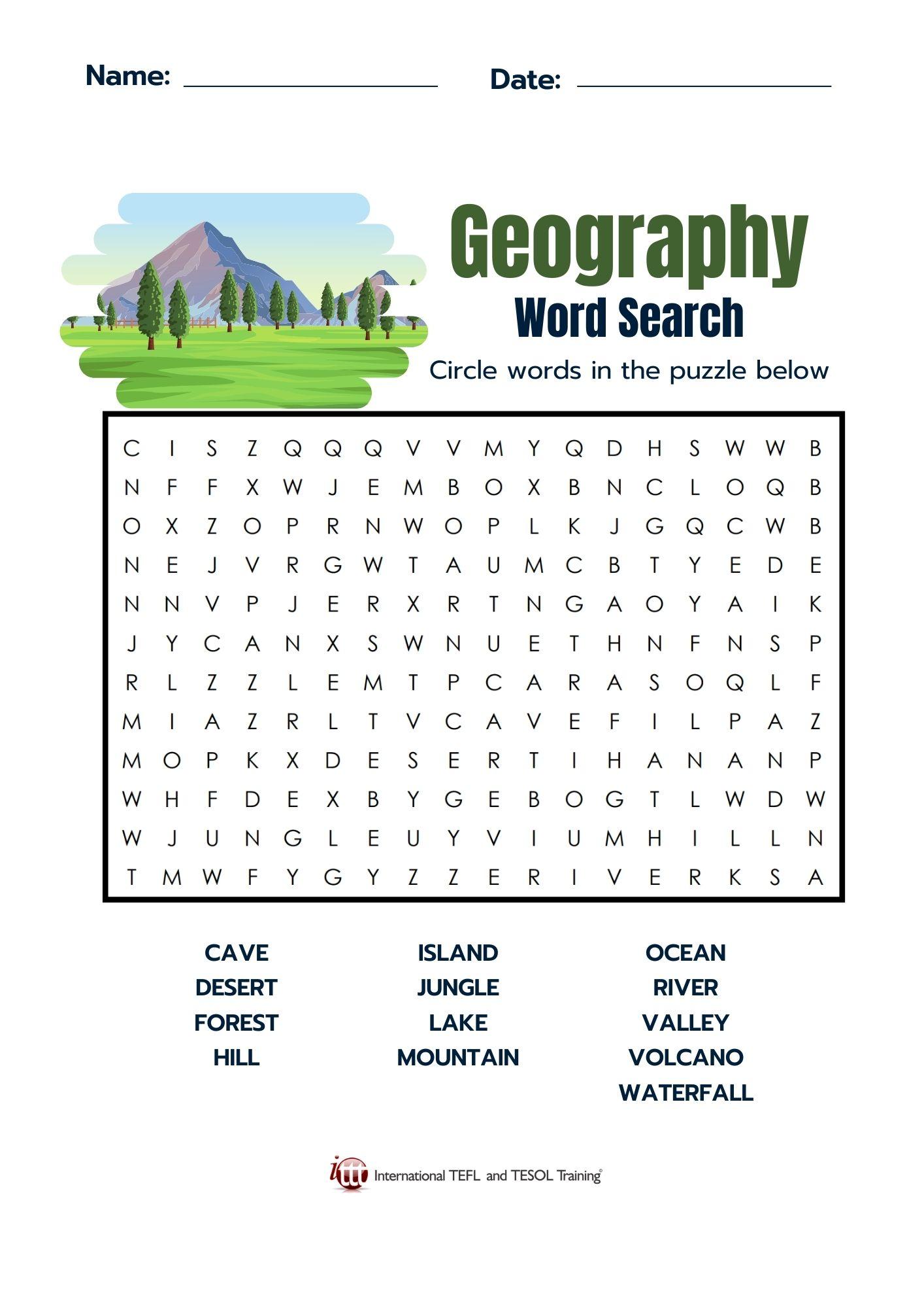 Grammar Corner Geography Vocabulary EFL Word Search