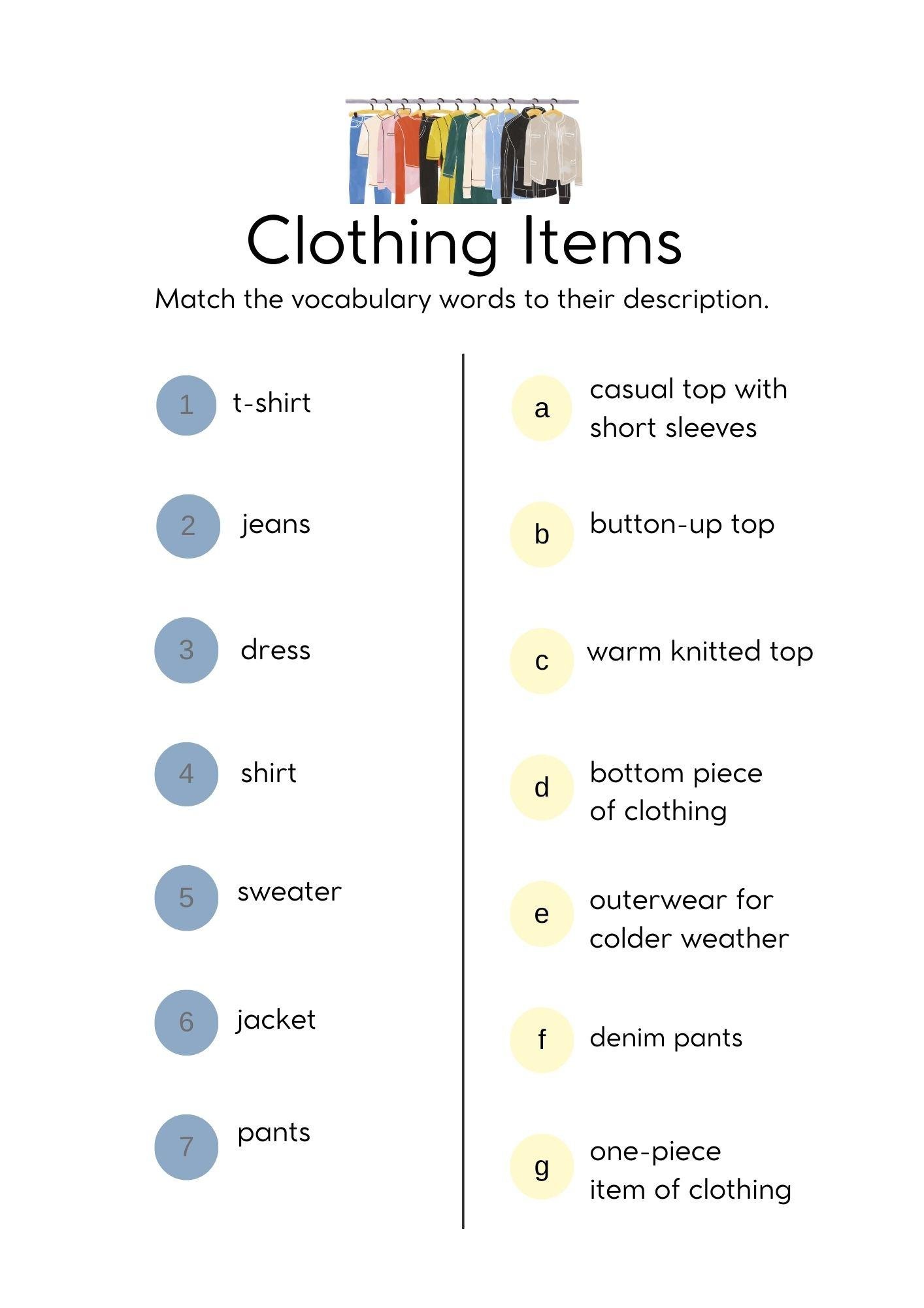 Grammar Corner EFL Word Match Clothing Items