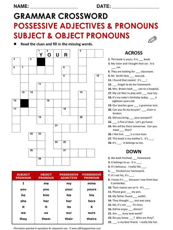 Grammar Corner English Pronouns Grammar Crossword Puzzle