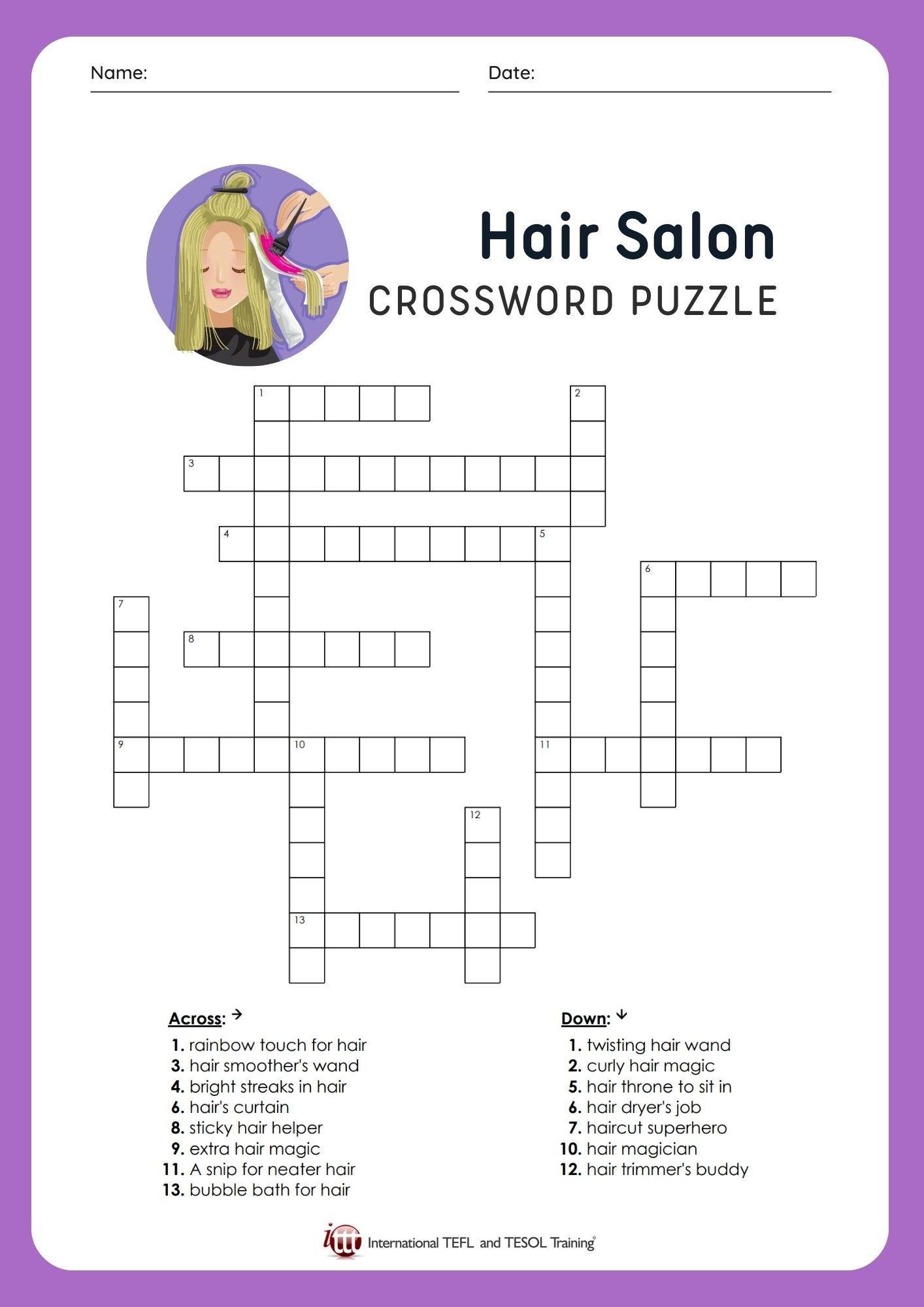 Grammar Corner EFL Hair Salon Vocabulary Crossword Puzzle