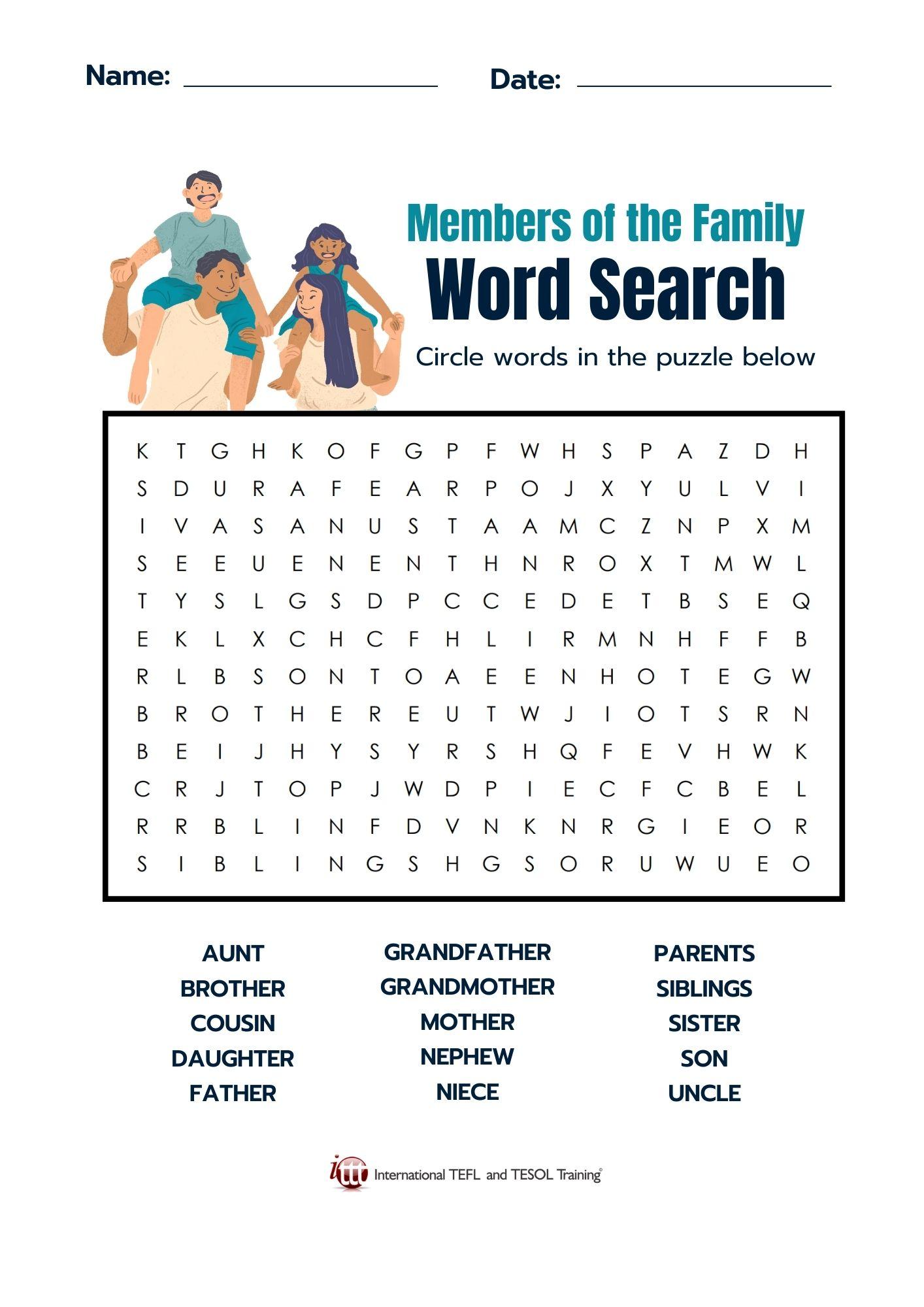 Grammar Corner Members of the Family EFL Word Search