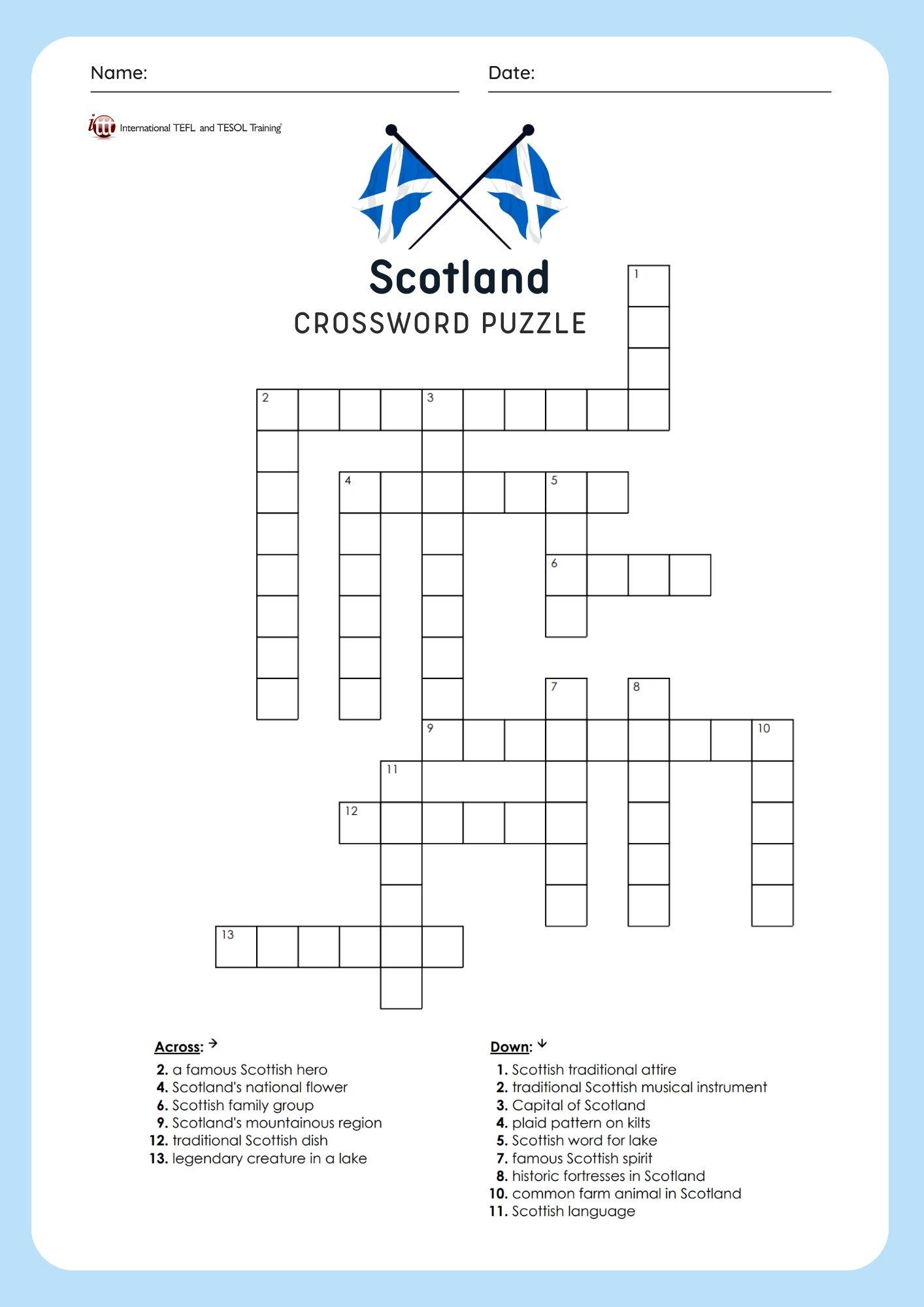 Grammar Corner EFL Scotland Vocabulary Crossword Puzzle