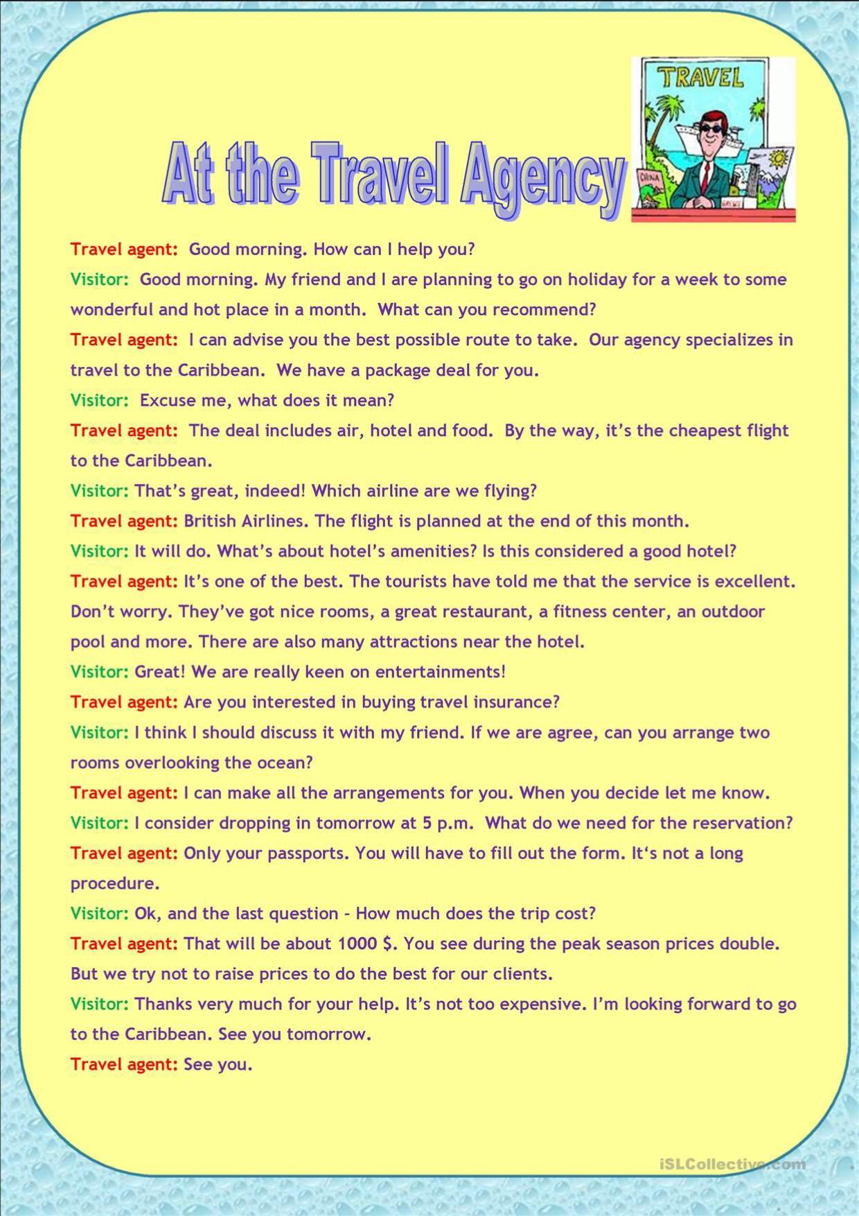 Grammar corner At the Travel Agency: A Dialog related to Traveling