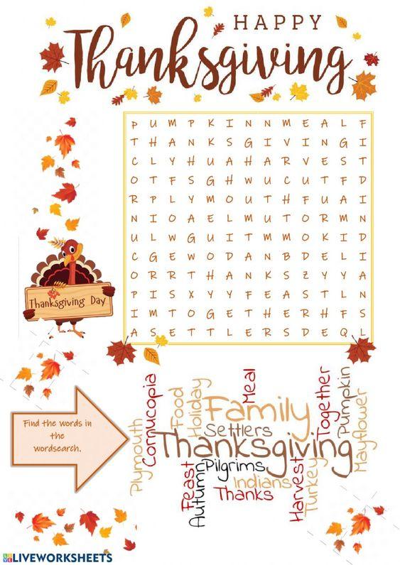 Grammar corner Happy Thanksgiving Word Search Worksheet