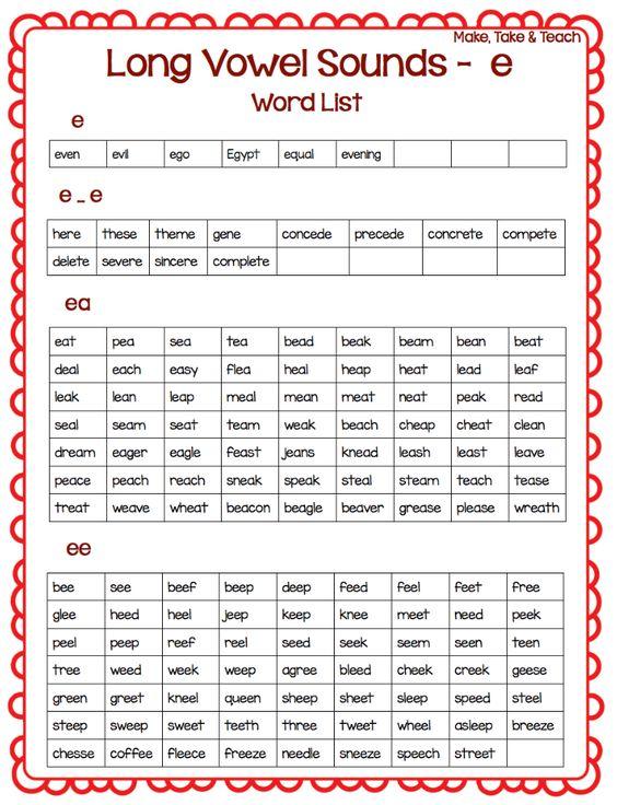 Grammar corner Long Vowel Sounds  -e  Word List
