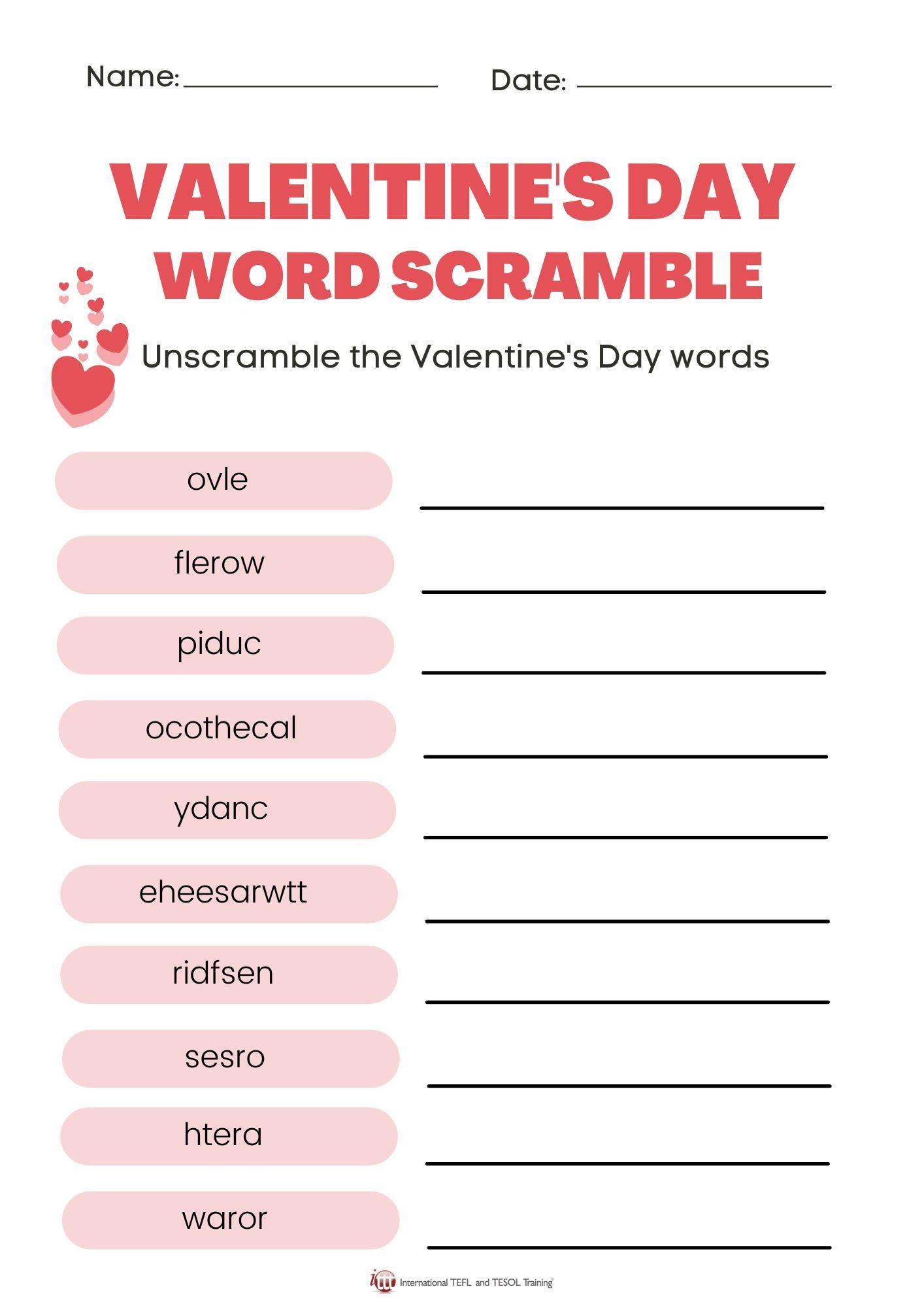 Grammar corner Valentine's Day Vocabulary Scramble