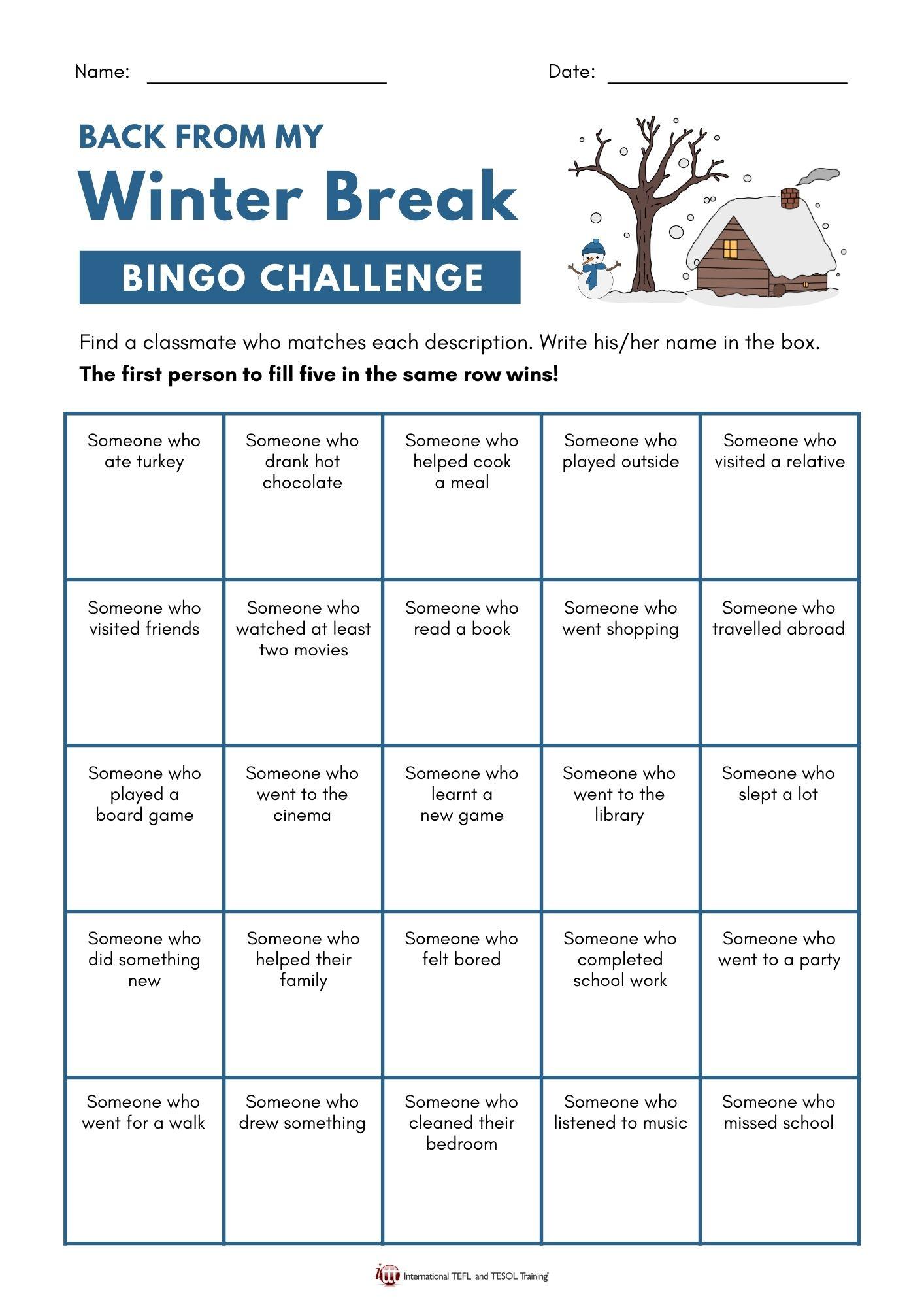 Grammar corner Back from Winter Break Bingo Challenge