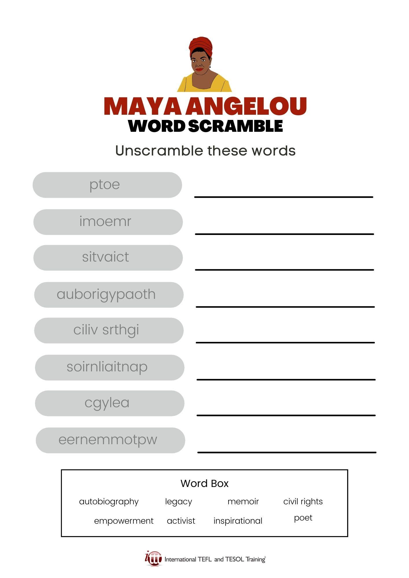 Grammar corner Ma﻿ya An﻿gelou Vocabulary EFL Word Scramble