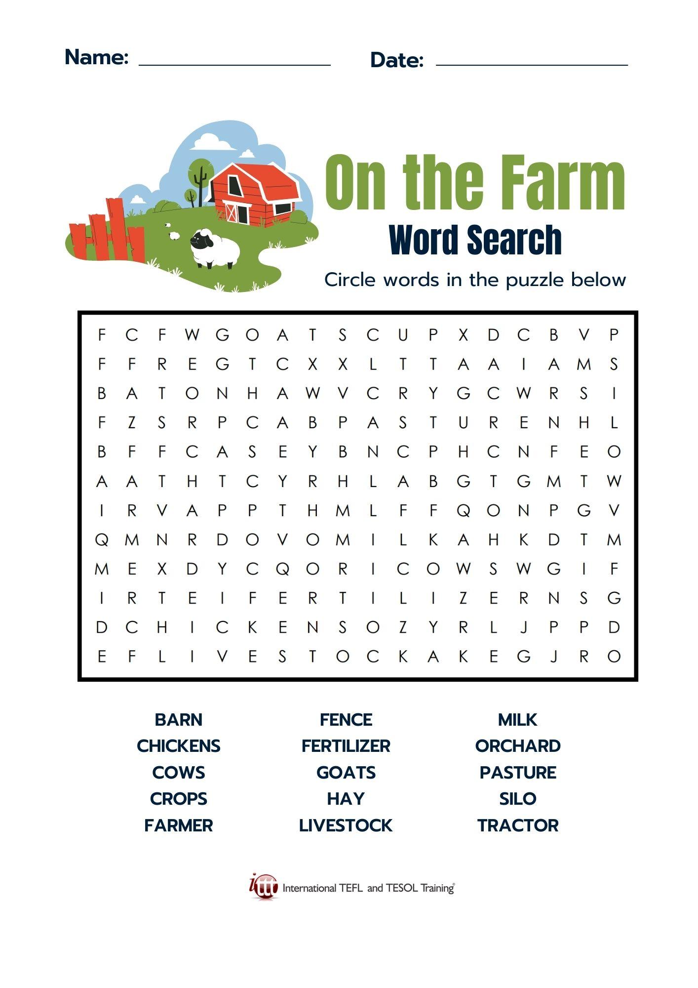 Grammar corner On the Farm Vocabulary EFL Word Search