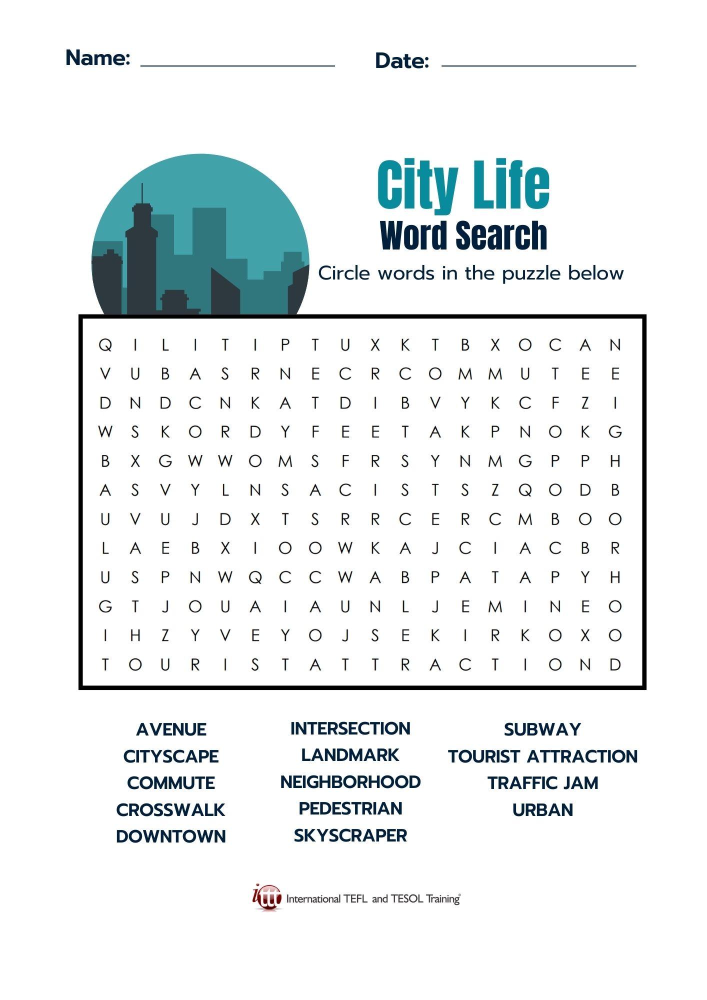 Grammar corner City Life EFL Word Search