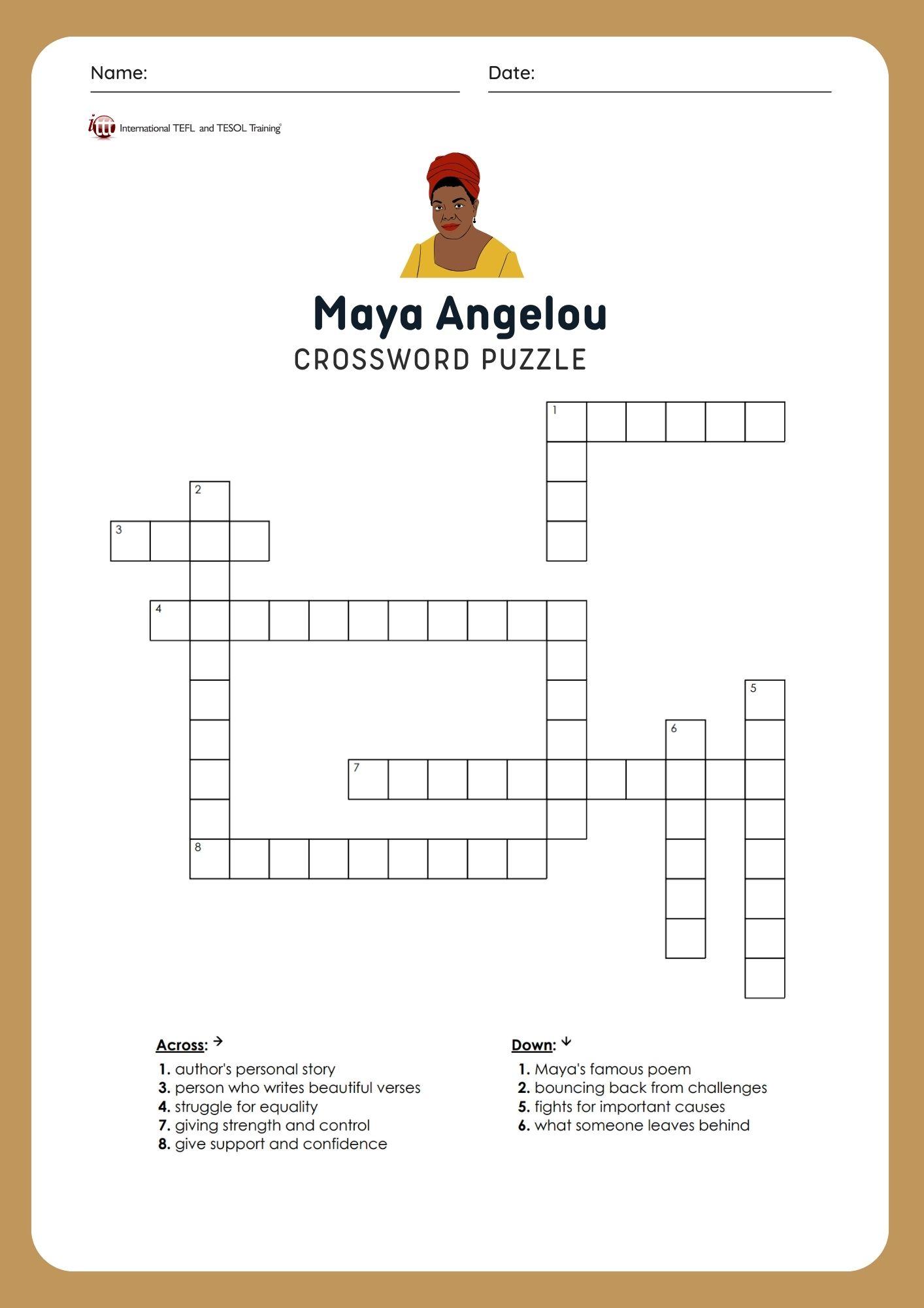 Grammar corner EFL Maya Angelou Vocabulary Crossword Puzzle