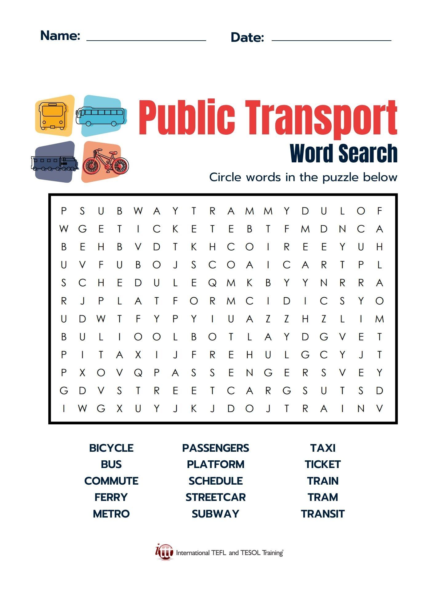 Grammar corner Public Transportation Vocabulary EFL Word Search