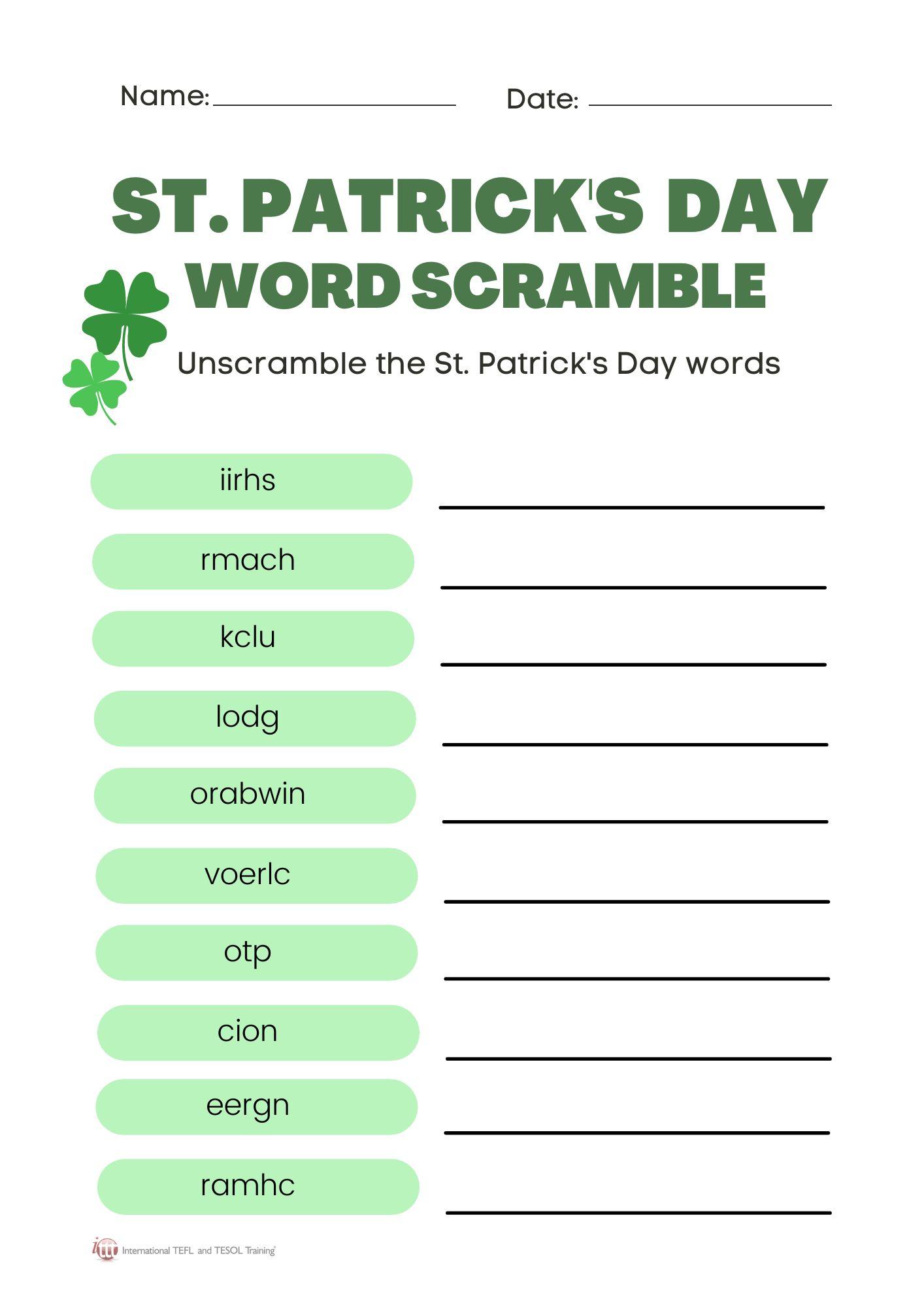 Grammar corner St. Patrick's Day Word Scramble