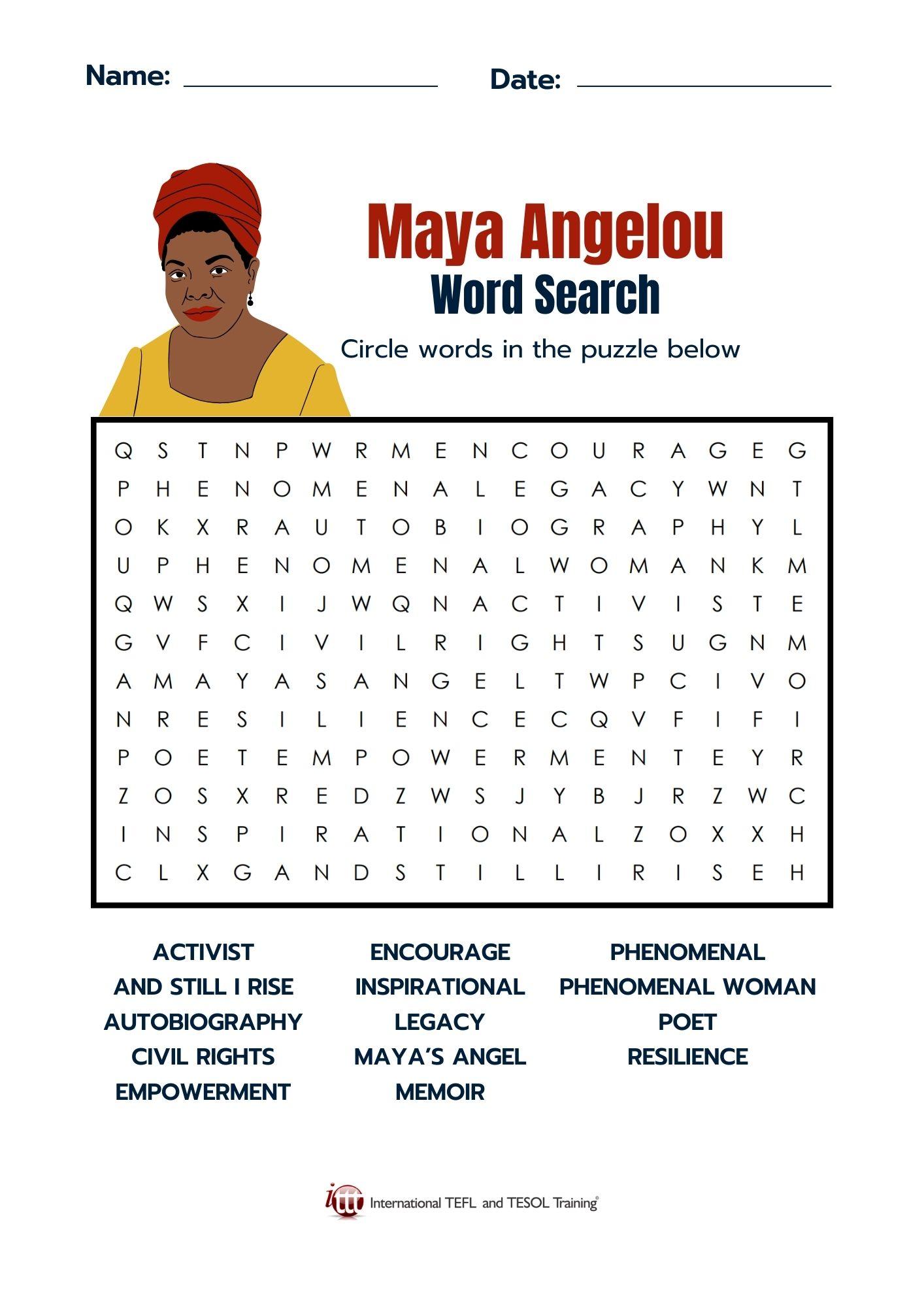 Grammar corner Maya Angelou Vocabulary EFL Word Search