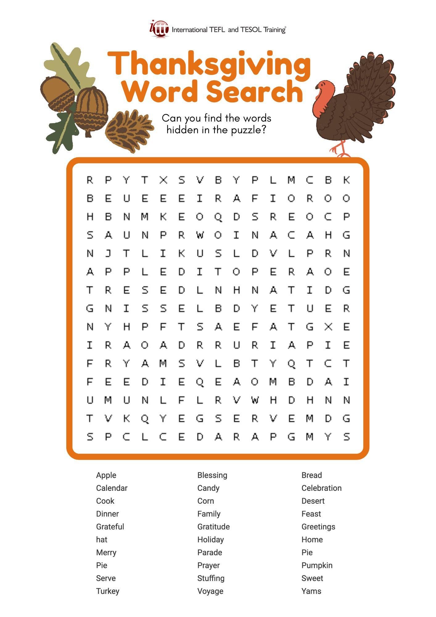 Grammar corner EFL Thanksgiving Word Search