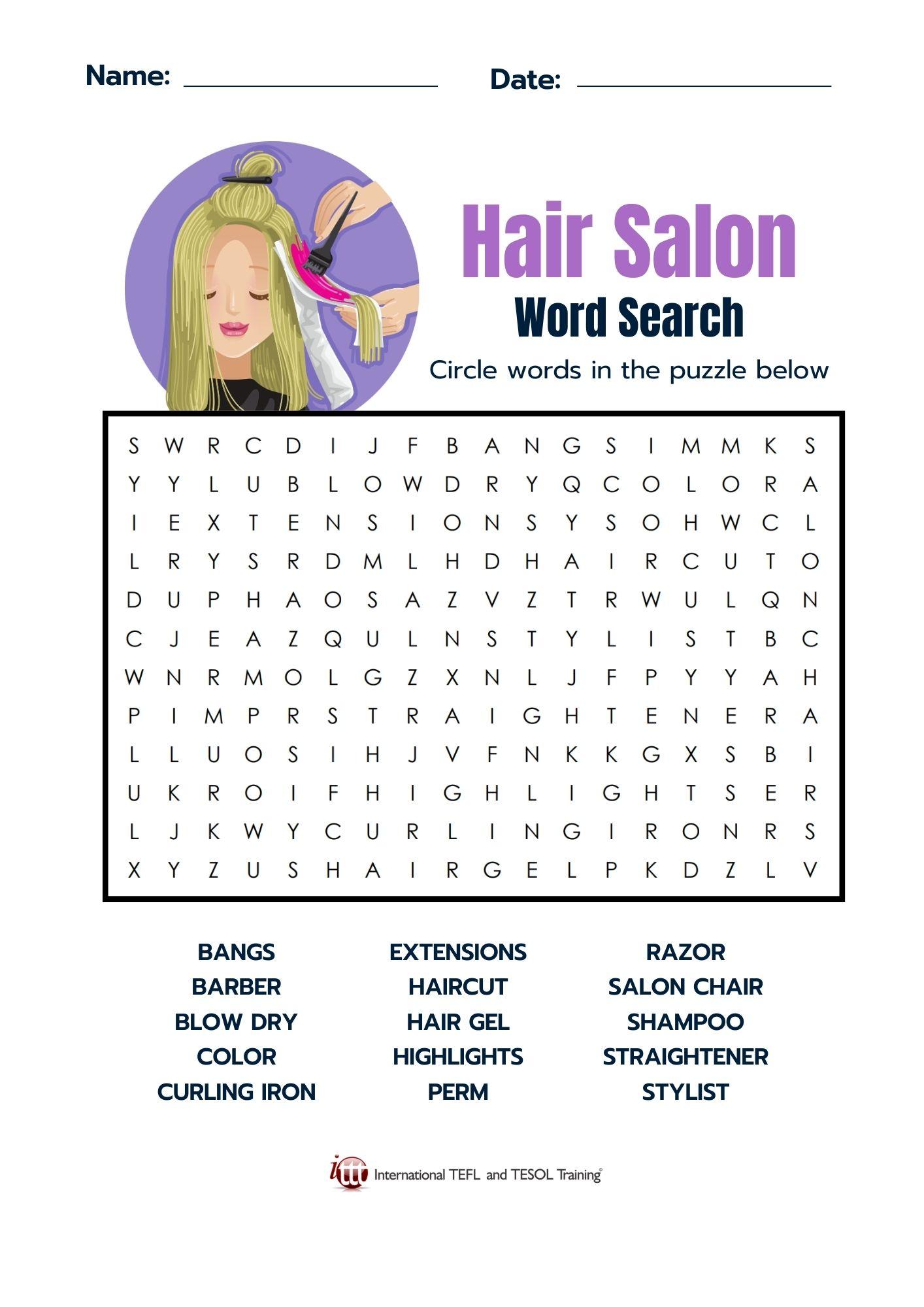 Grammar corner Hair Salon Vocabulary EFL Word Search