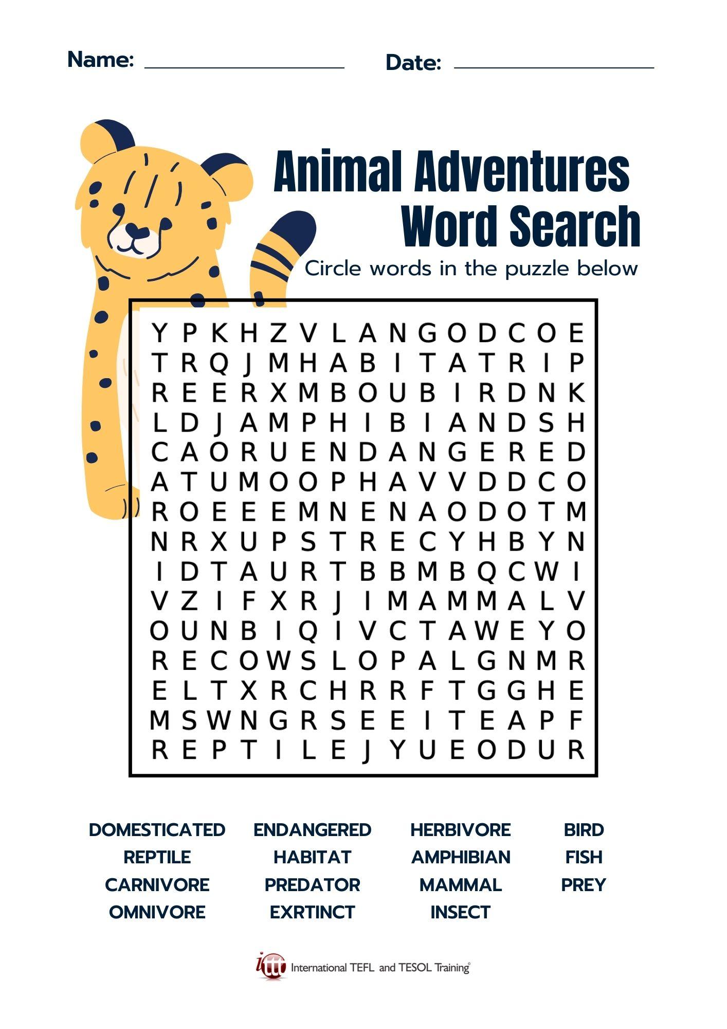 Grammar corner Animal Adventure Word Search