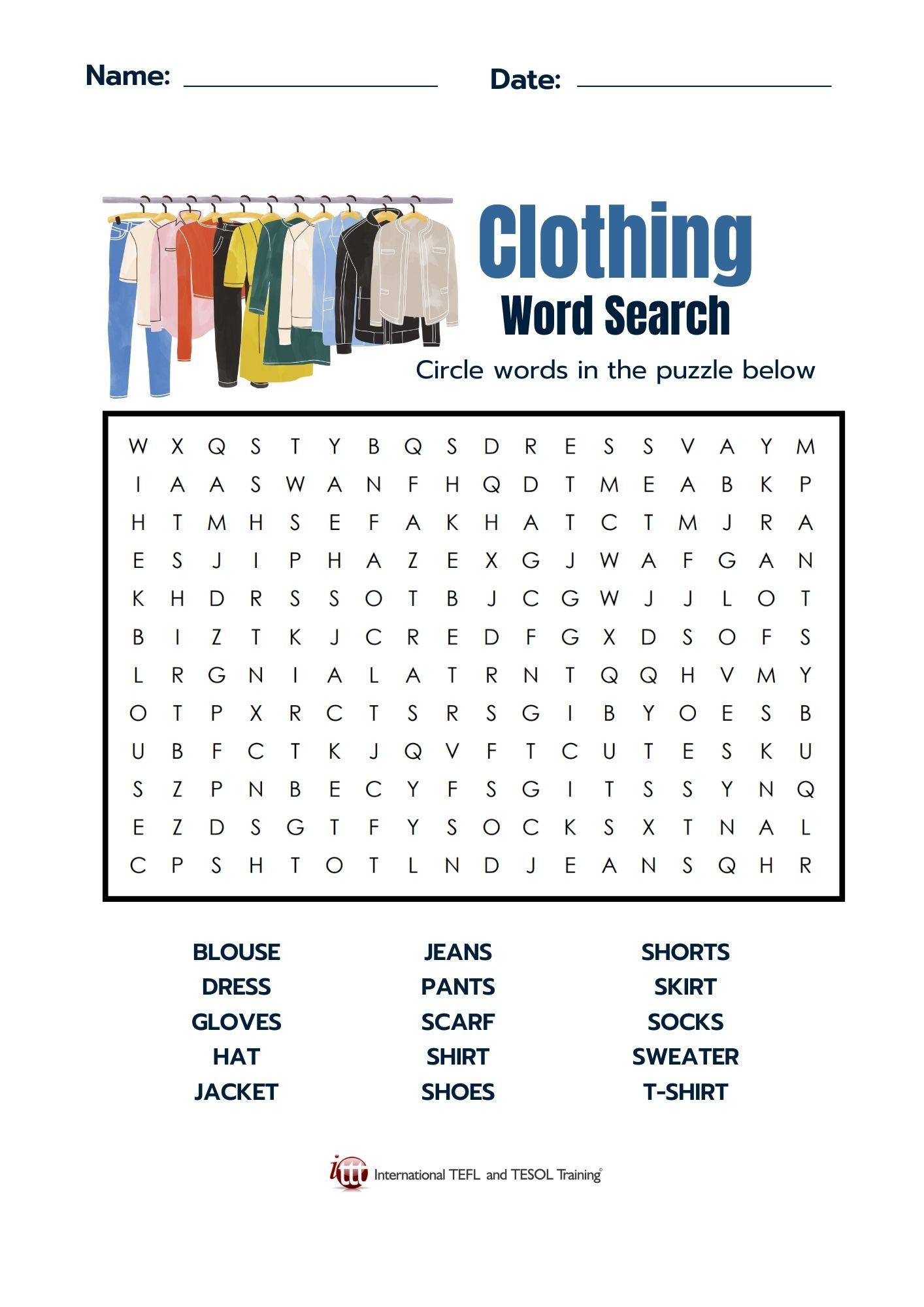 Grammar corner Clothing Items EFL Word Search