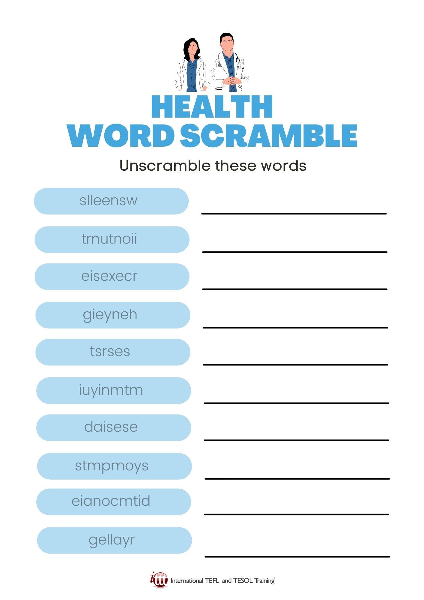 Grammar corner Health EFL Word Scramble