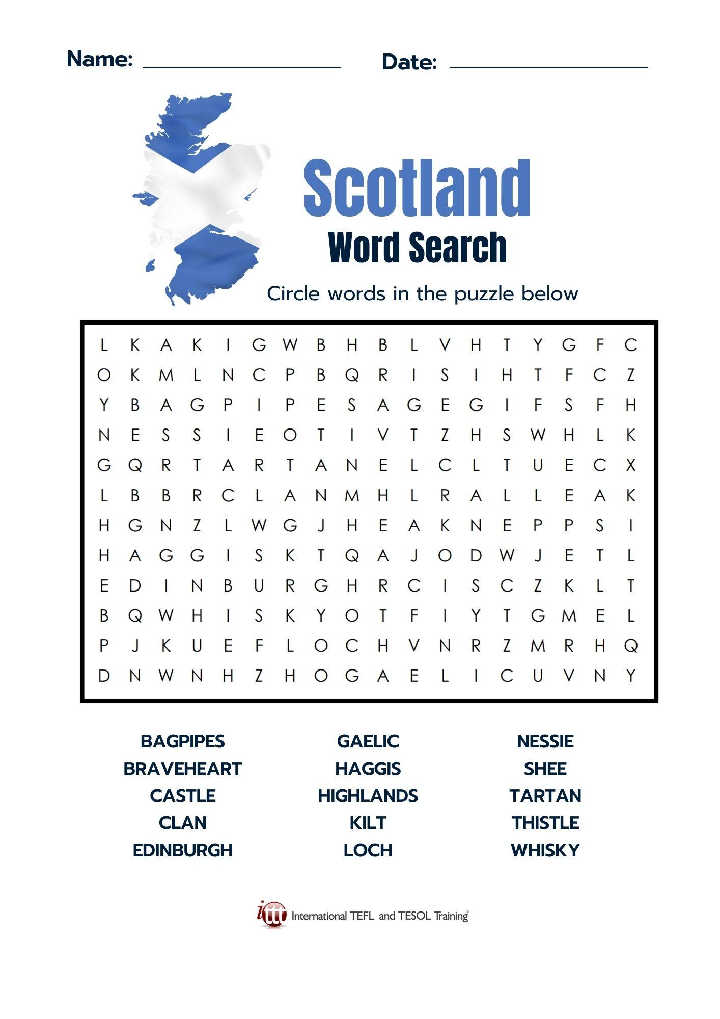 Grammar corner Scotland Vocabulary EFL Word Search