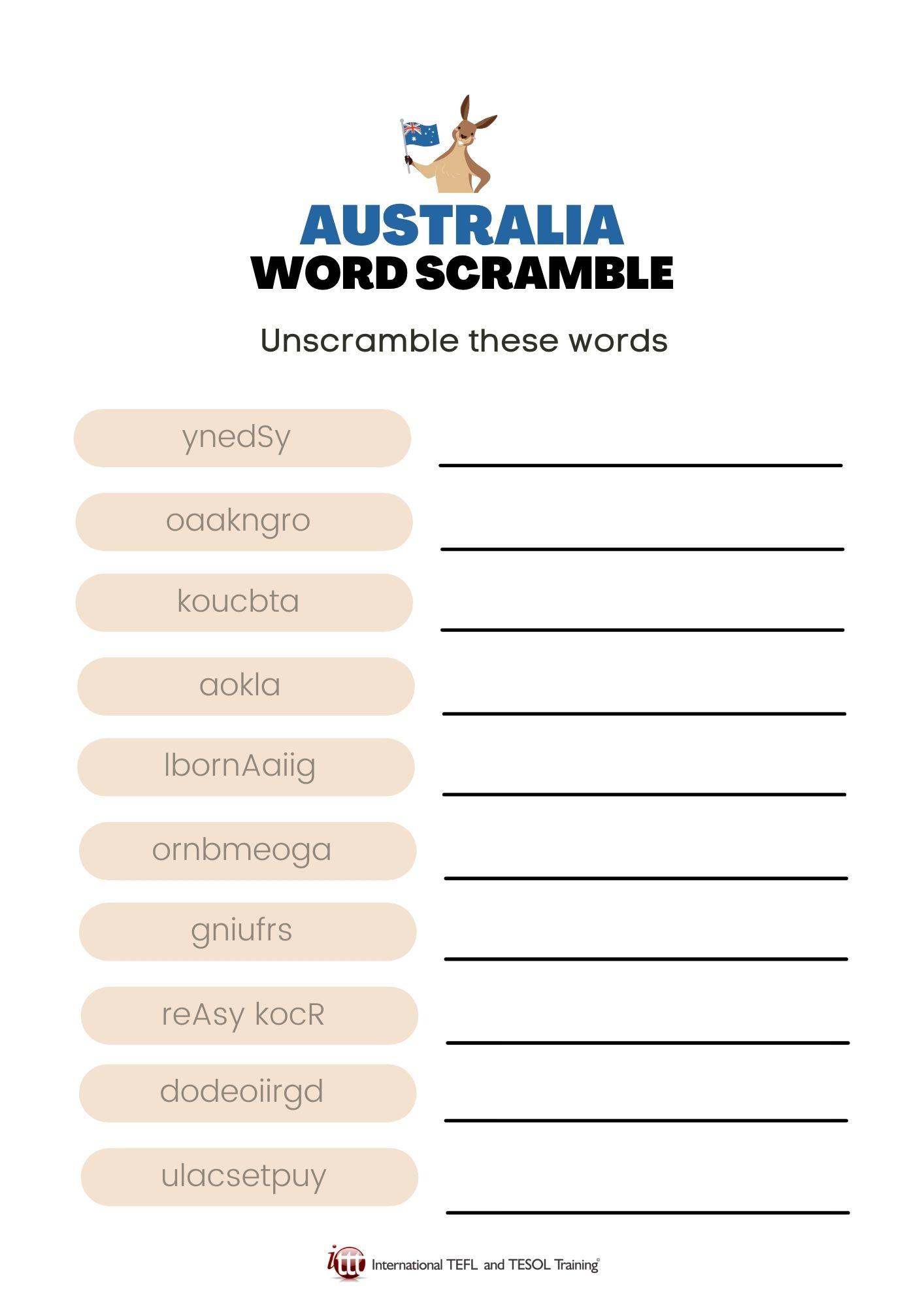 Grammar corner Australia Vocabulary EFL Word Scramble