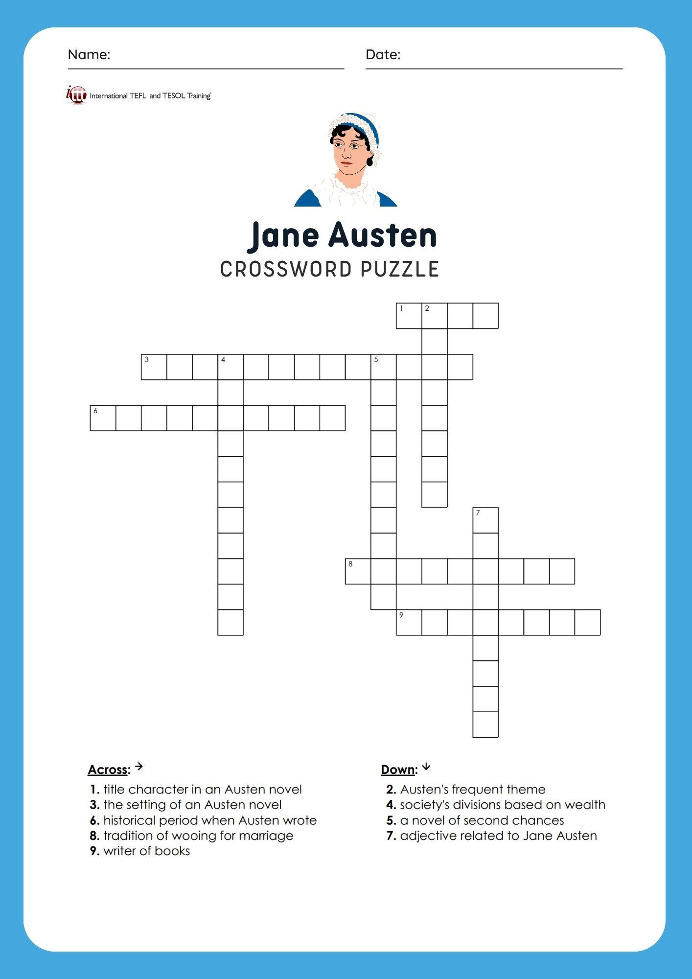 Grammar corner EFL Jane Austen Vocabulary Crossword Puzzle