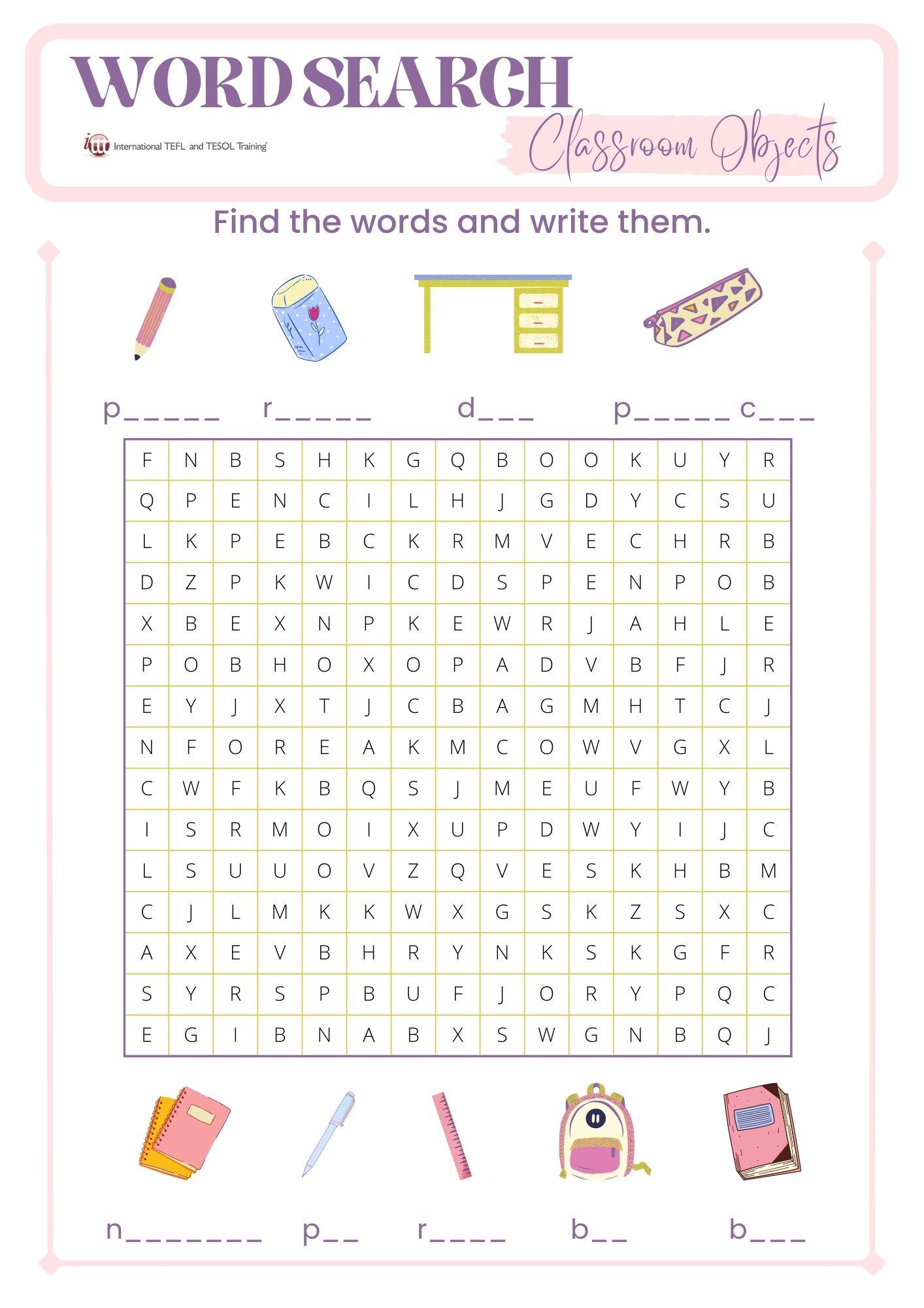 Grammar corner Classroom Objects Word Search