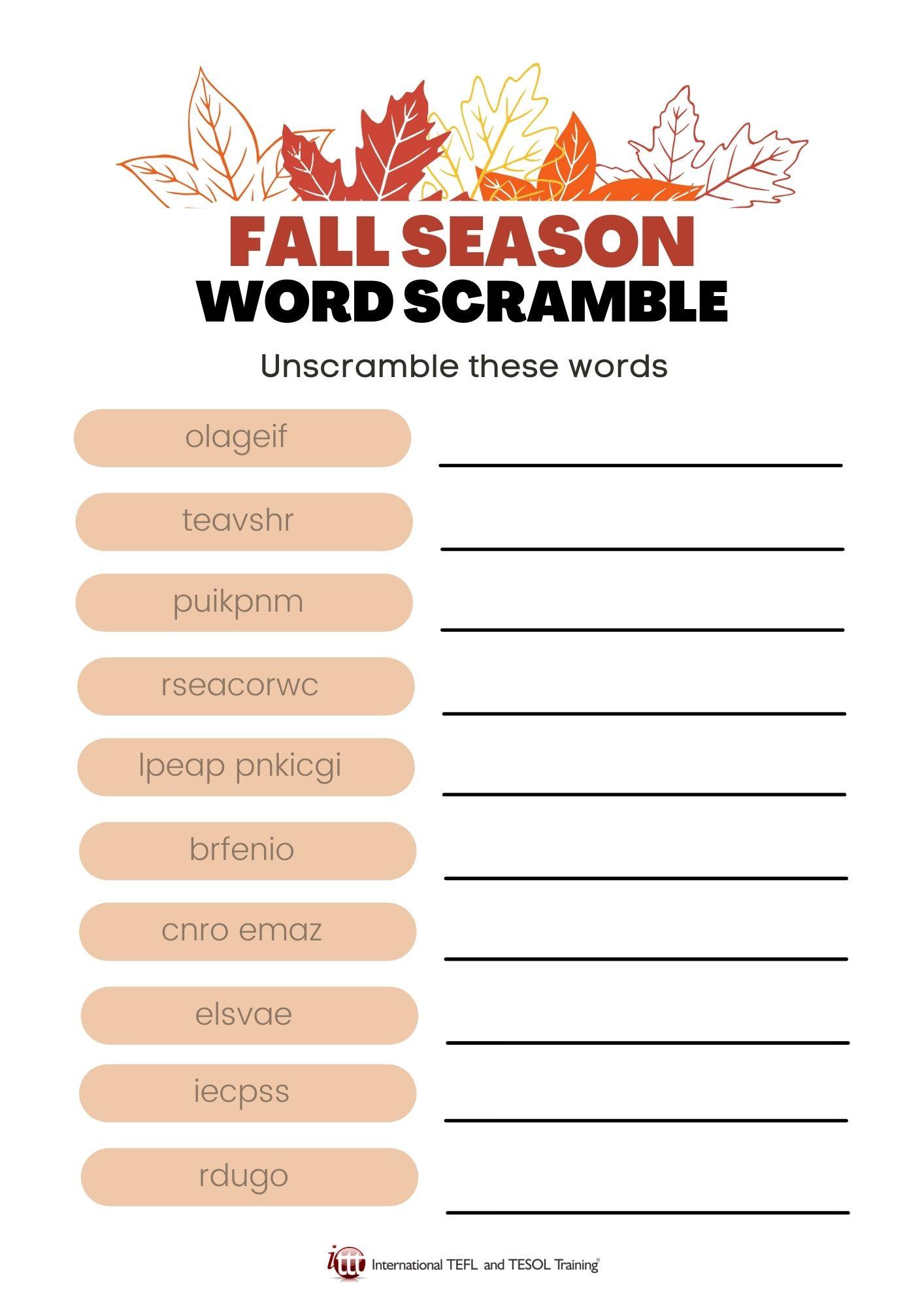 Grammar corner Fall Season Vocabulary EFL Word Scramble